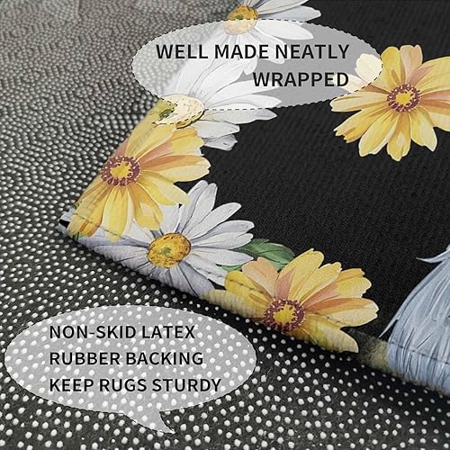 Miniatura 8 de SEVENBABU Juego de 2 tapetes de cocina antideslizantes, diseño rústico, gnomo, margaritas y mariquitas, juego de alfombras absorbentes negras para