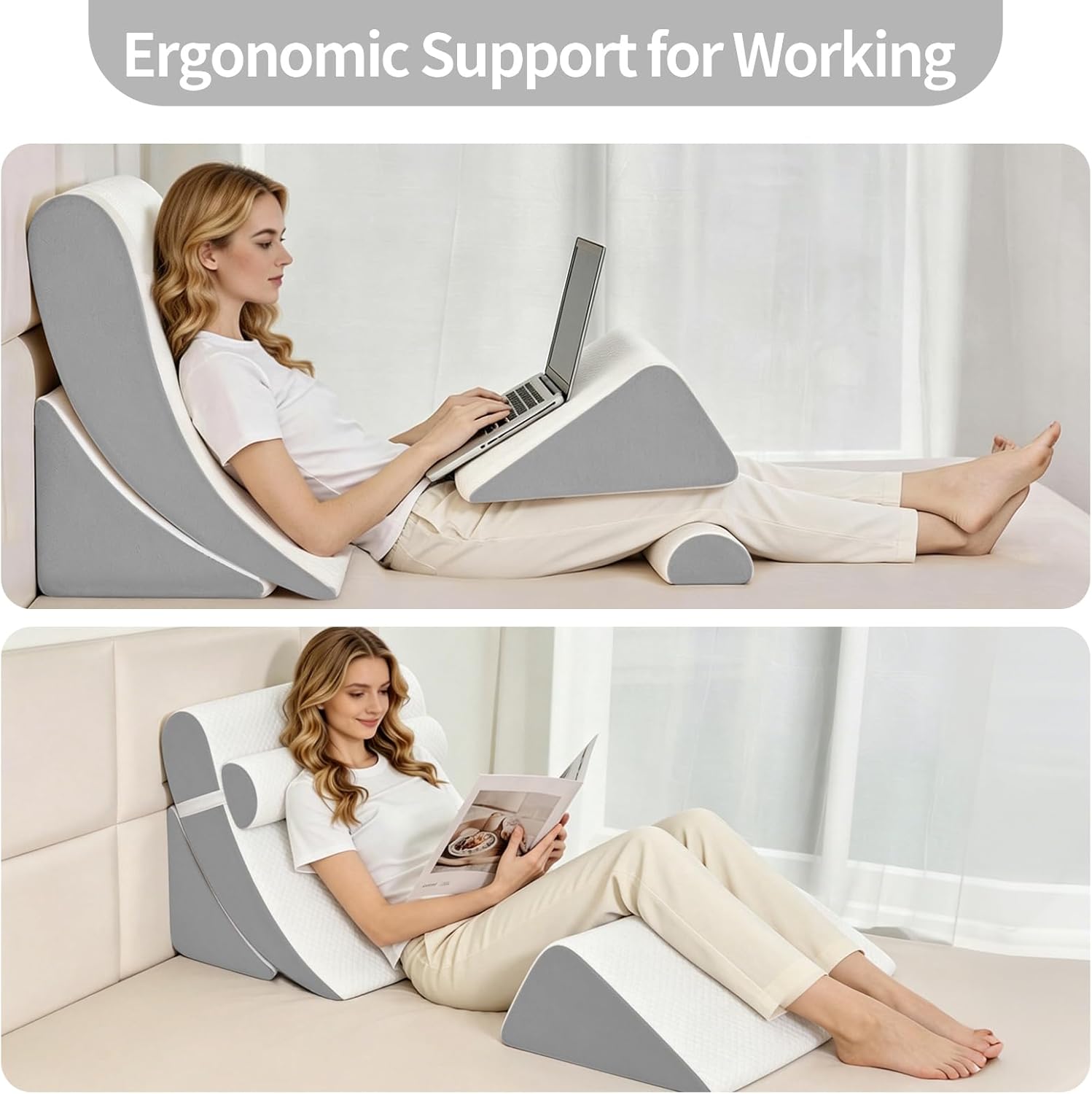 4pcs orthopedic bed wedge pillow set for post surgery & pain relief,adjustable wedge pillow for back,sitting up in bed,recovery,acid reflux,snoring,body pillow for sleeping (white/light grey) white/light grey 4pcs-22''