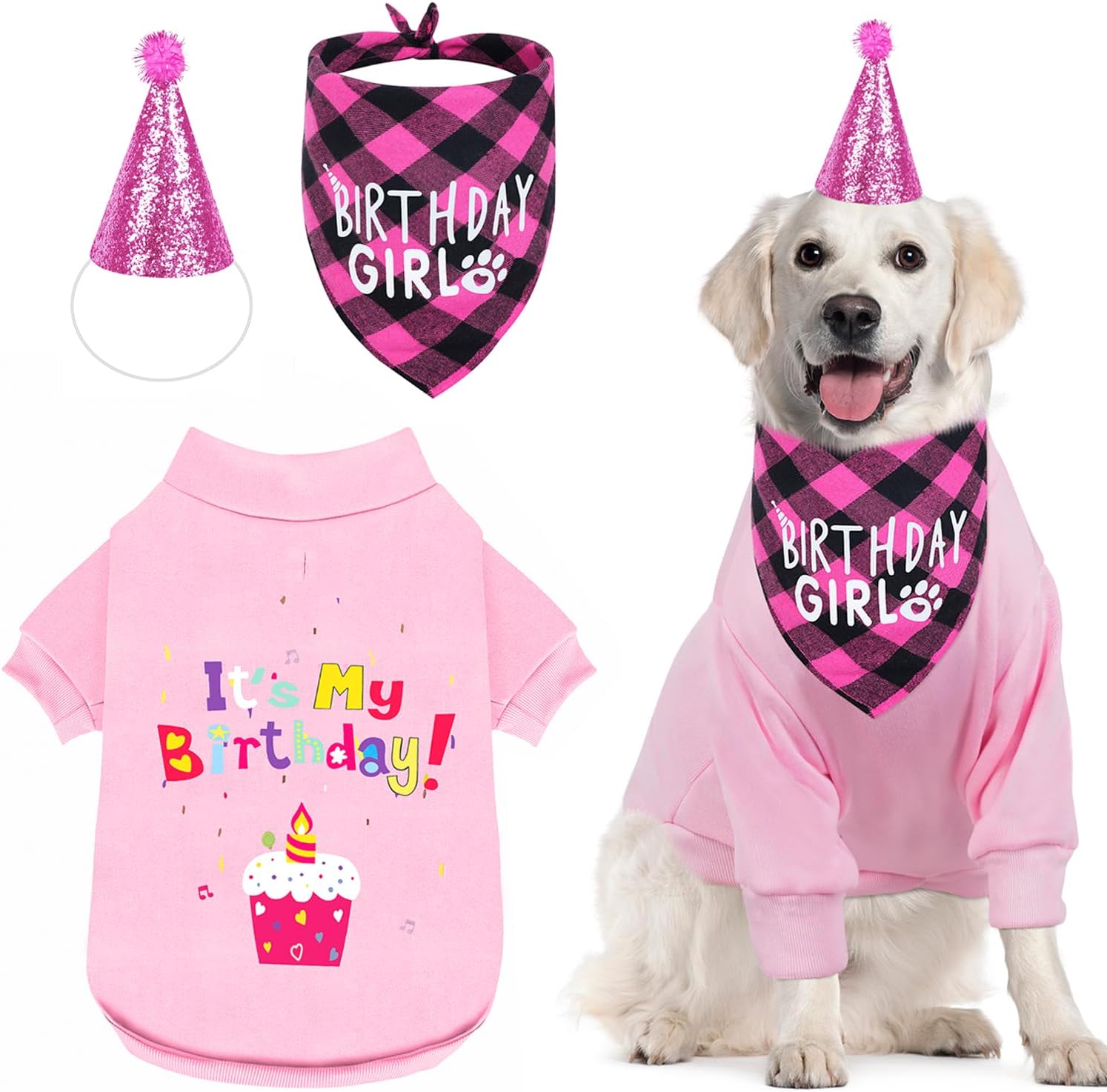 GreenJoy Dog Birthday Party Outfit Decoration Set Supplies - Birthday Bandana, Sweater & Party Hat Gift for Small, Medium & Extra Large Dogs Girl and Boy (X-Small, Birthday Pink)