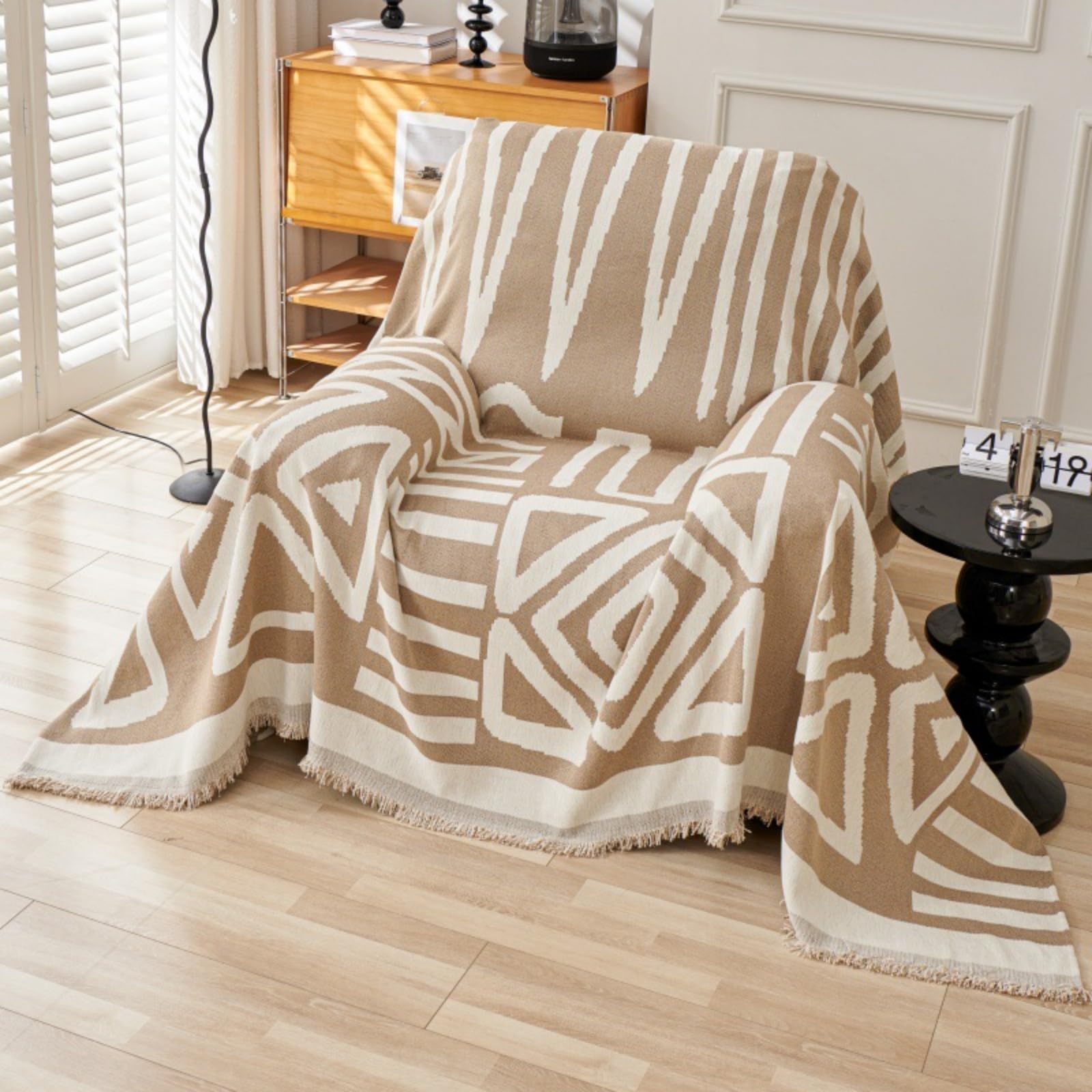 TAOTAOGO Sofa Cover 2 3 Seater Boho Chenille Corner Sofa Slipcover Washable L Shape Sofa Covers Reversible Sectional Couch Cover with Tassel Furniture Protector Loveseat A Khaki 180x260cm — image 1