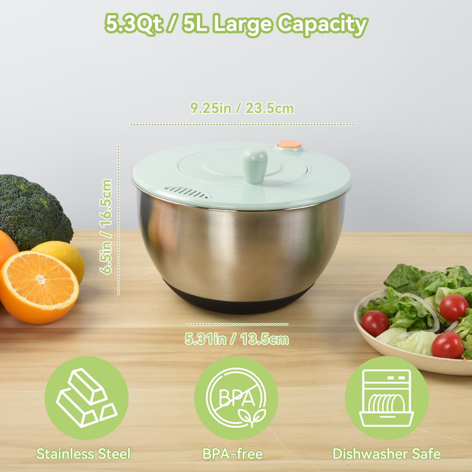 OTraki Centrifugadora Lechuga 5L en Acero Inoxidable, Escurridor Lechuga Grande Secador de Lechuga y Verduras con Base Antideslizante Apta para Lavavajillas, Lavar y Escurrir Las Ensaladas