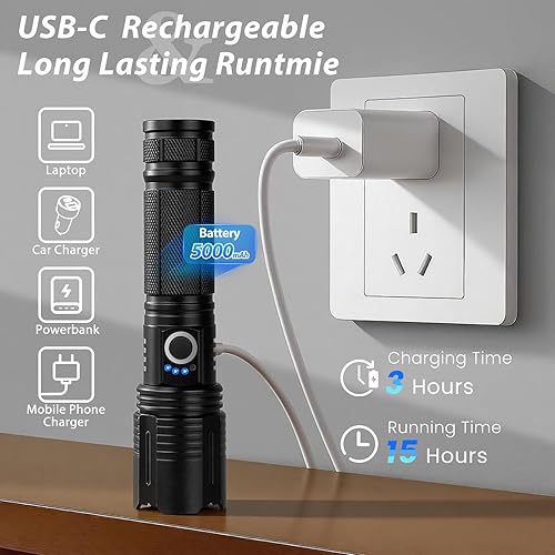 Miniatura 3 de THY TRY Paquete de 2 linternas recargables de 90000 lúmenes altos, linternas recargables superbrillantes para el hogar, luz de flash de alta