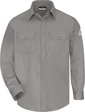 Bulwark Flame Resistant 6 oz Cotton/Nylon Excel FR ComforTouch Long Uniform Shirt with Straight Back Yoke, Topstitched Cuff, Grey, Large