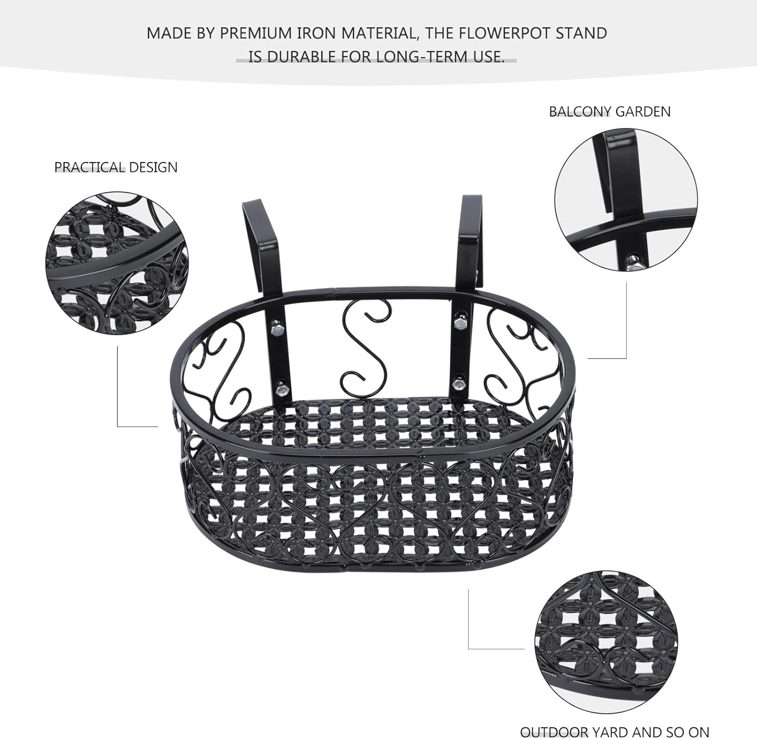 Hanging Ironwork Flowerpot Holder Wall-mounted Railing Flower Stand 2 Hooks 30x20x12cm Indoor Balcony Plant Rack for Succulents and Small Pots