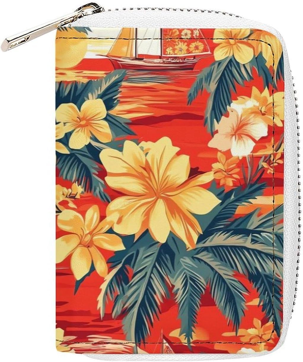Sailboat Tropical Plants Flowers Sunset Small Business Credit Card Holder Wallet with 20 Card Slots Case Coin Purse Pouch