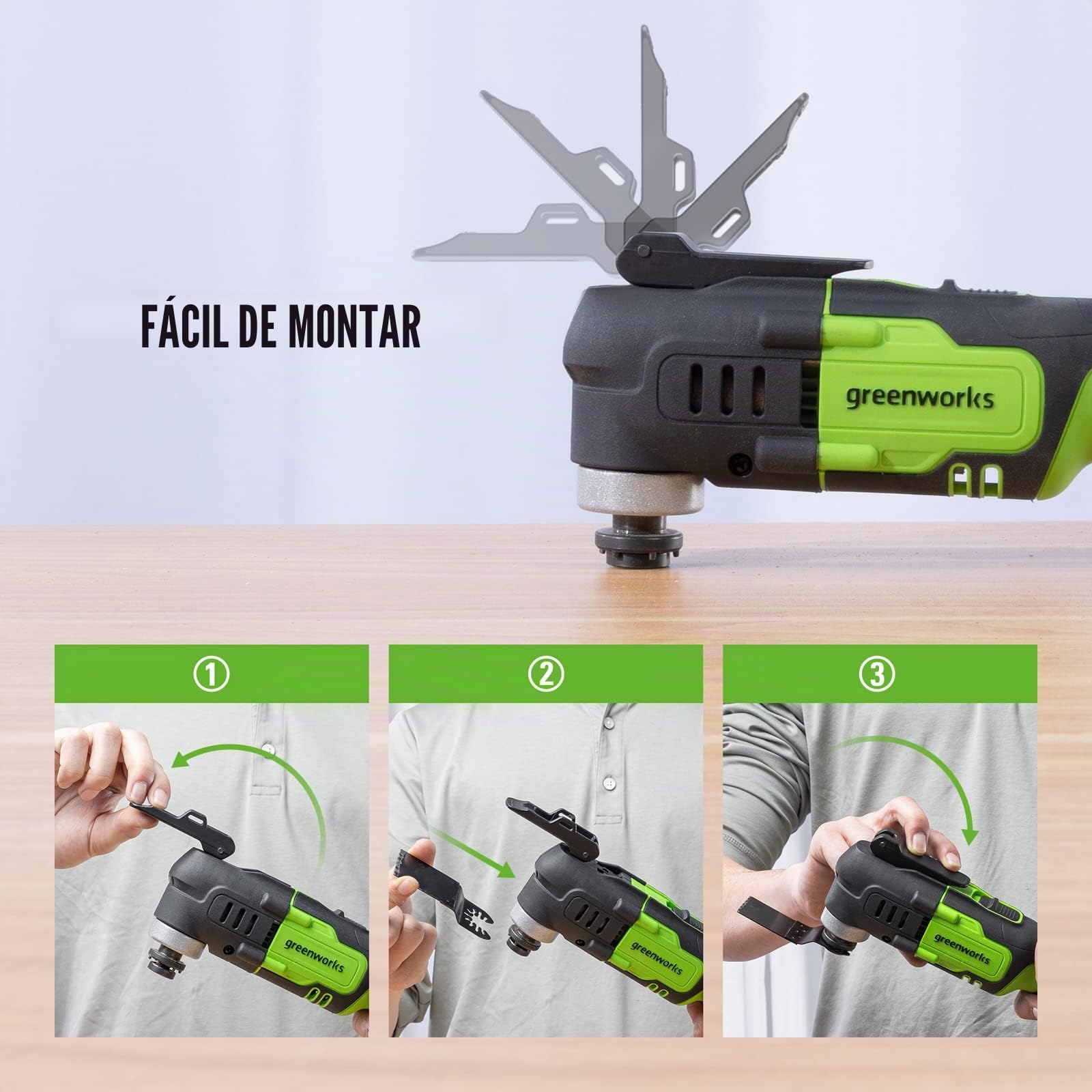 Greenworks Herramienta multifuncional 24V G24MT (Li-Ion 24V 18000 oscilaciones por minuto arco oscilante de 3° velocidades variable cambio de cuchilla sin herramienta luz LED con batería y cargador)