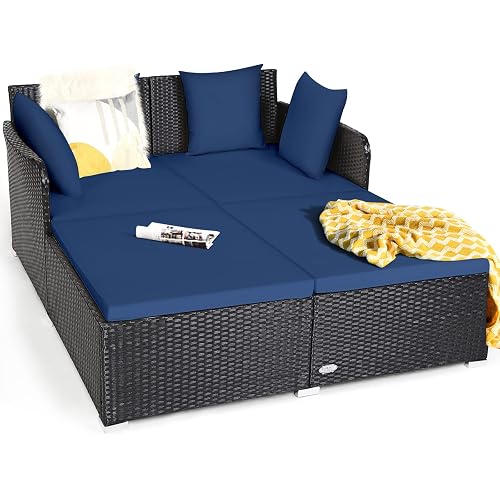 HAPPYGRILL Outdoor Rattan Daybed, Patio Sunbed Sofa Set with Cushion & Pillows, Sturdy Aluminum Foot, Wicker Patio Furniture Double Bed Lounger for Garden Porch Poolside