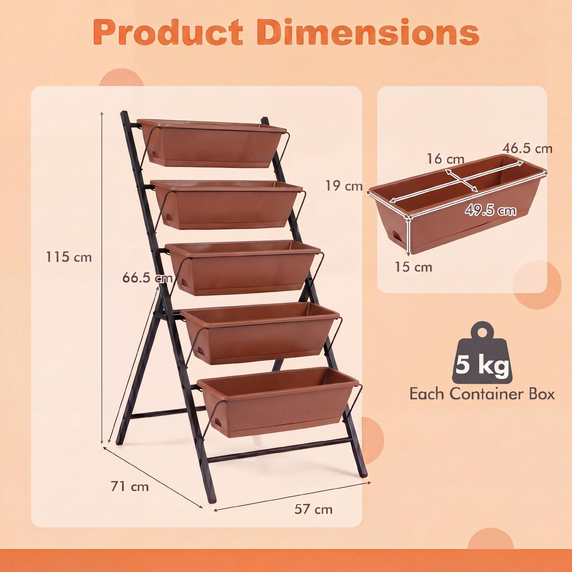 HOMASIS Jardinera Vertical de 5 Niveles, 57 x 71 x 115 cm (Rojo) | Huerto Vertical con Marco de Metal, Bandejas Extraíbles y Orificios de Drenaje, Macetero Elevada para Interiores y Exteriores