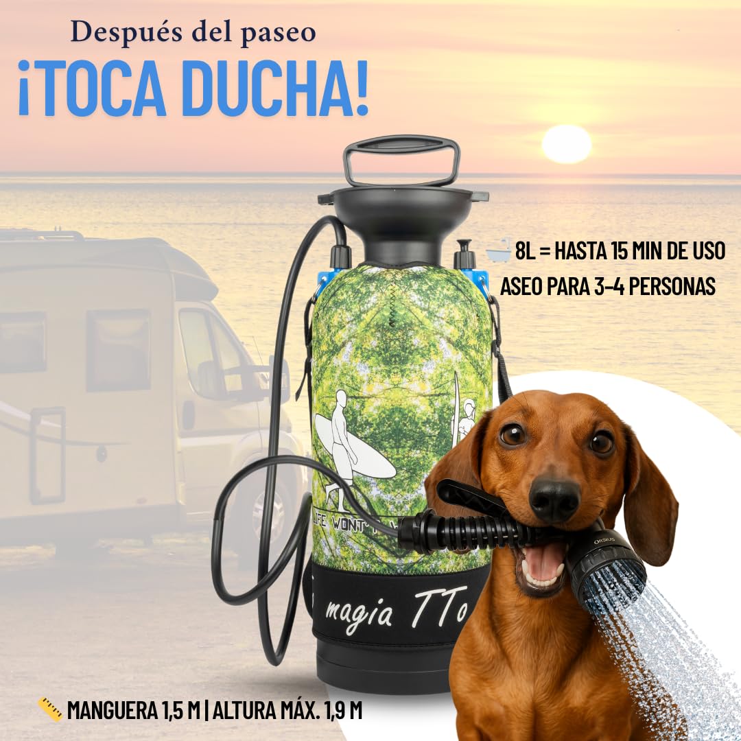 Ducha Portátil Camping, Bombeo Manual 8L [Sin Electricidad] – Ducha Camper, Viaje, Playa, Surf, Senderismo, Perro y Mascotas – Fácil Transporte y Aseo al Aire Libre