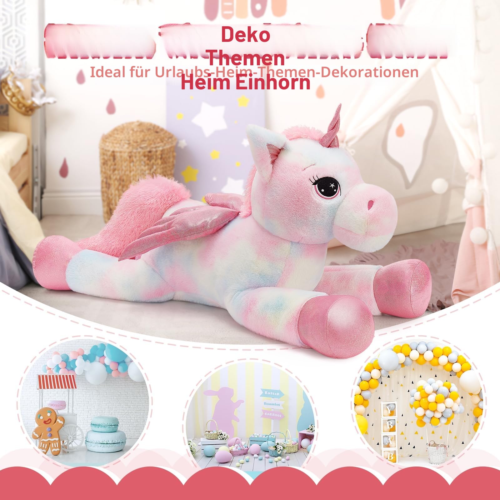 MorisMos Einhorn Kuscheltier groß XXL mit flügel, 110cm riesen Einhorn Stofftier Plüschtier, Geschenk für Kinder Mädchen-Bunt Rosa