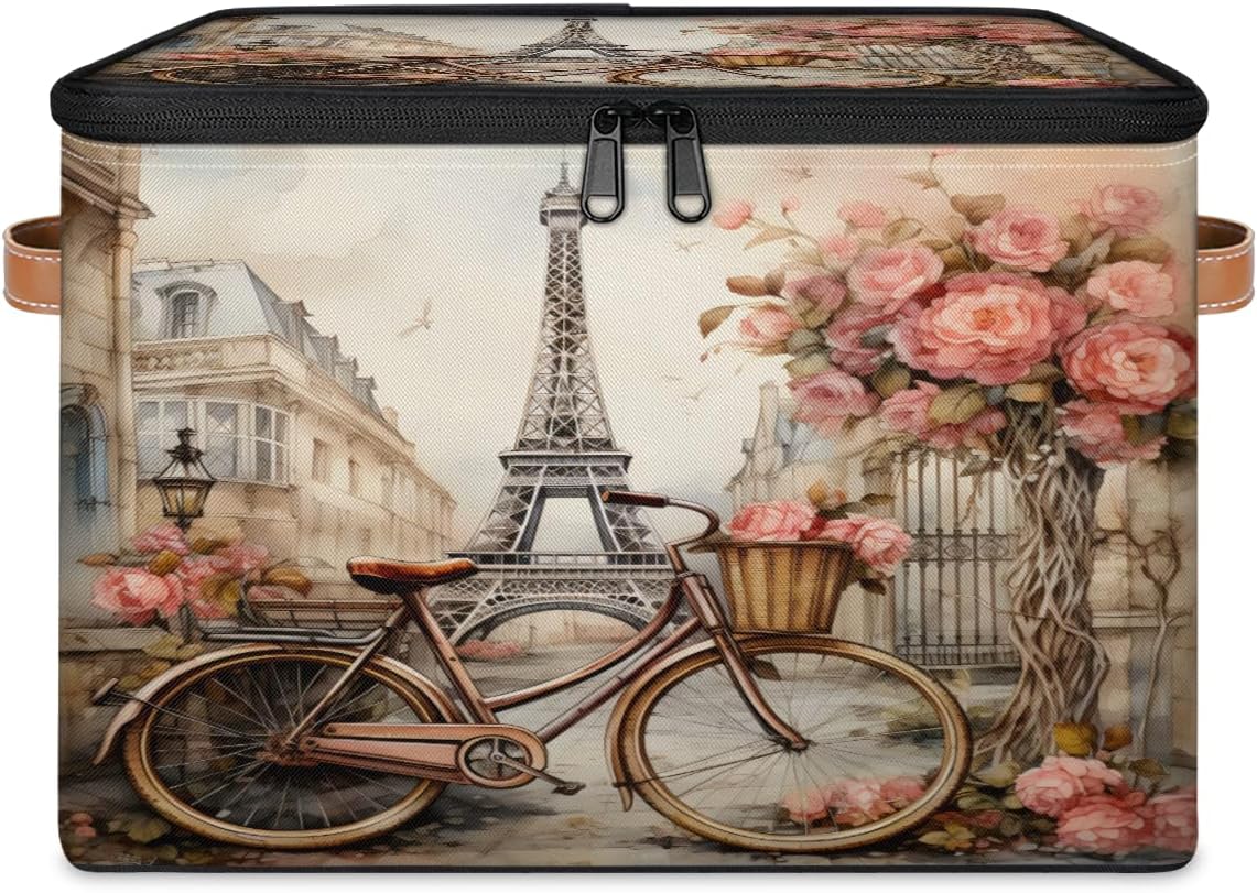 Paris Fabric Storage Bins with Lid, Decorative Storage Boxes for Shelves, Large Closet Organizer Basket with Handles