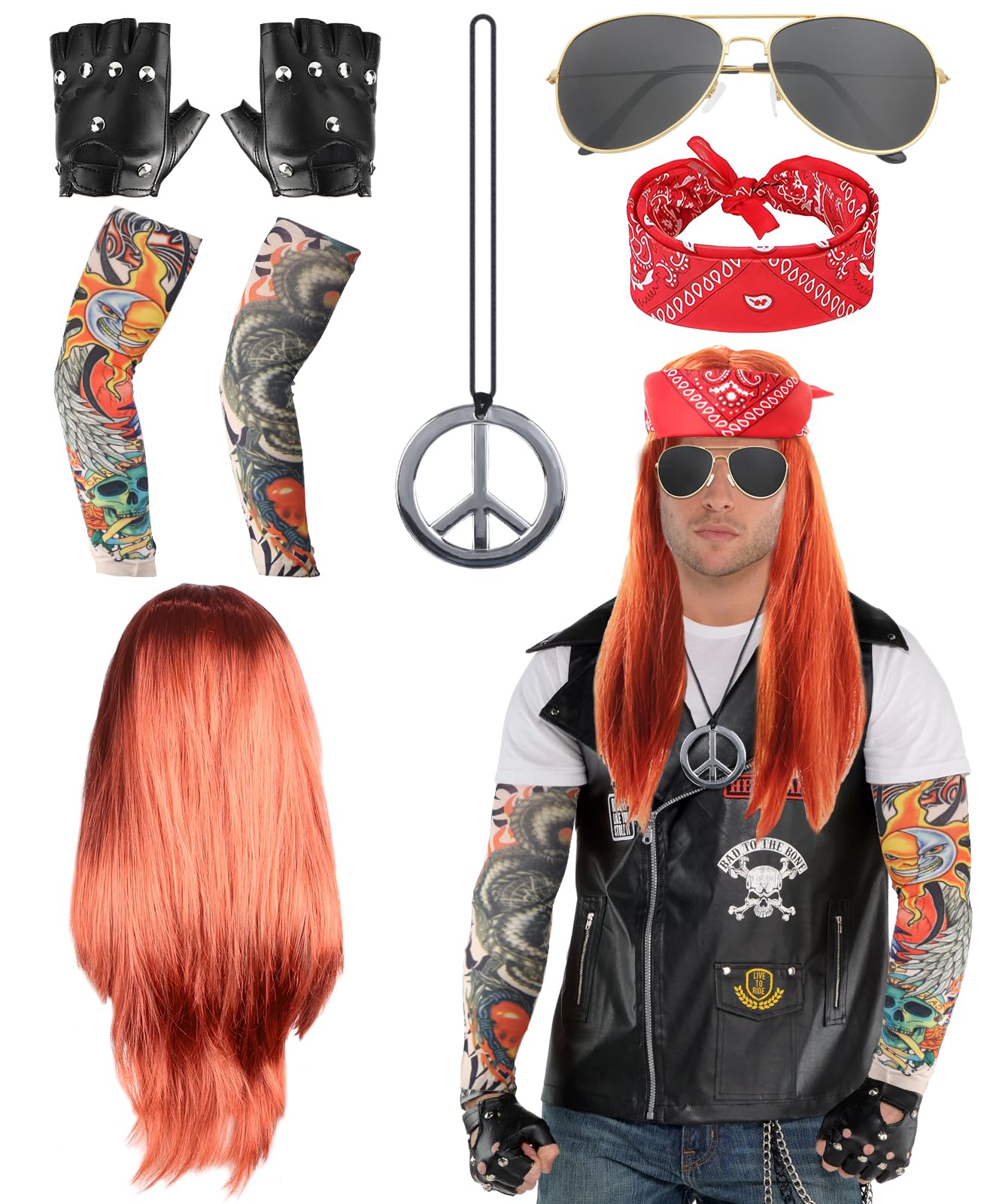 8 Pcs Rock Star Fancy Dress, 70s 80s Rock Wig Set Rockstar Costumes Accessories for Men Women with Gloves Sunglasses Temporary Tattoo Sleeves Necklace Bandana for World Book Day Disco Carnival Party