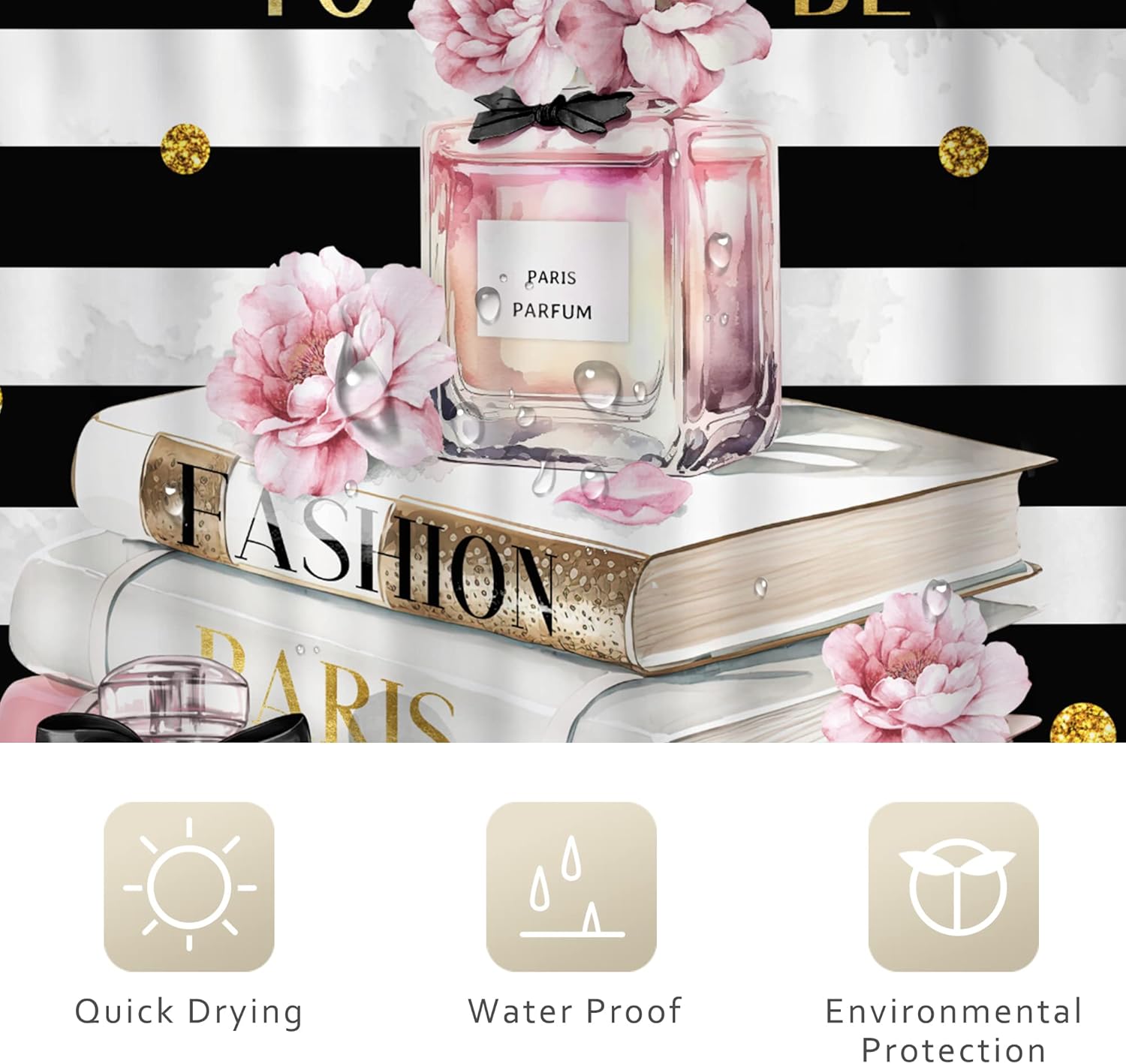 Riyidecor Fashion Pink Shower Curtain 72Wx84H Inch Extra Long Black White Stripe Modern Women Magazine Book Perfume Flower Girl Positive Quotes Bathroom Decor Fabric Polyester Waterproof 12 Pack Hooks