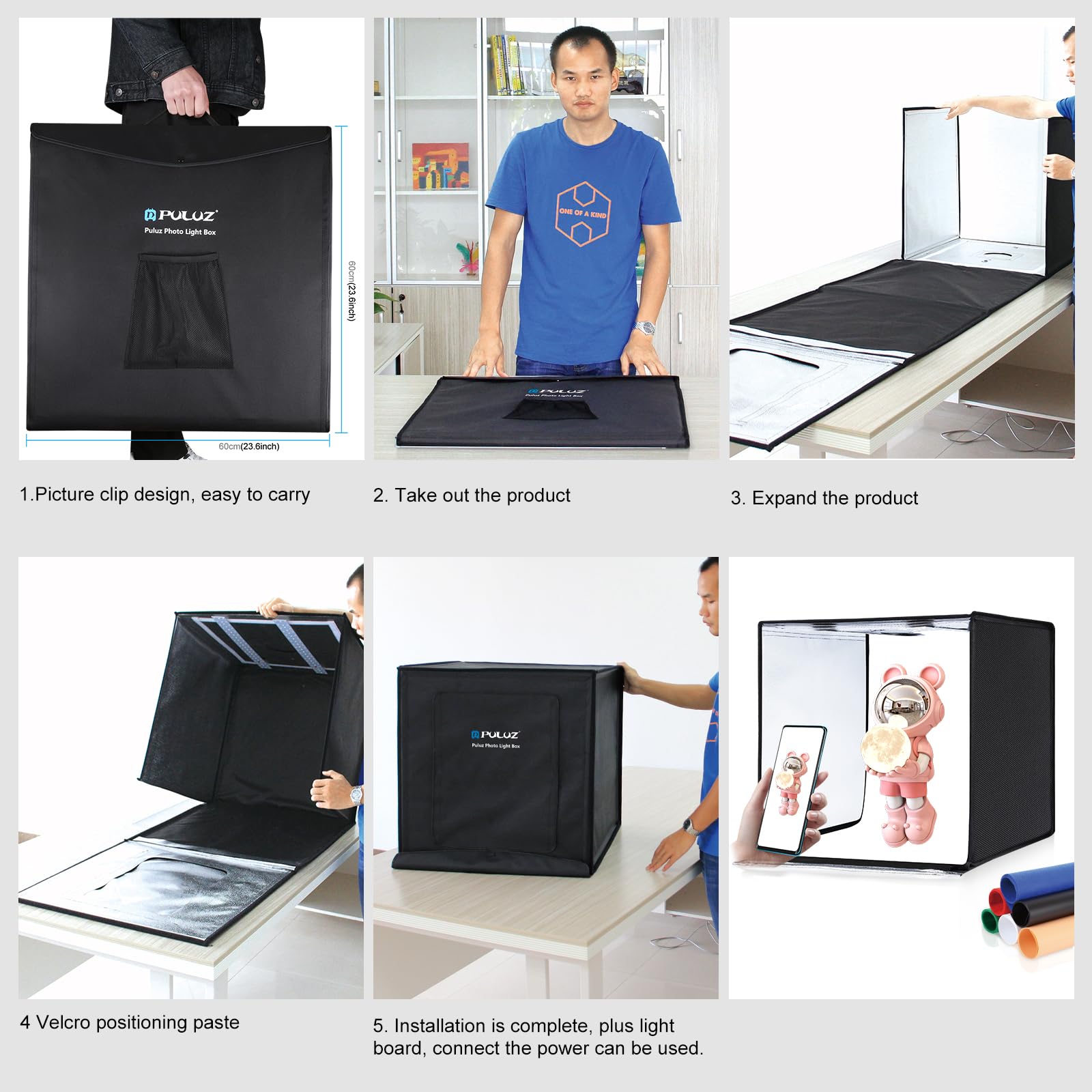 PULUZ Boîte à Lumière 60cm/24 Pouces, Studio Photo Portable Pliable avec 6 Couleurs de Fond et 2 Lumières LED