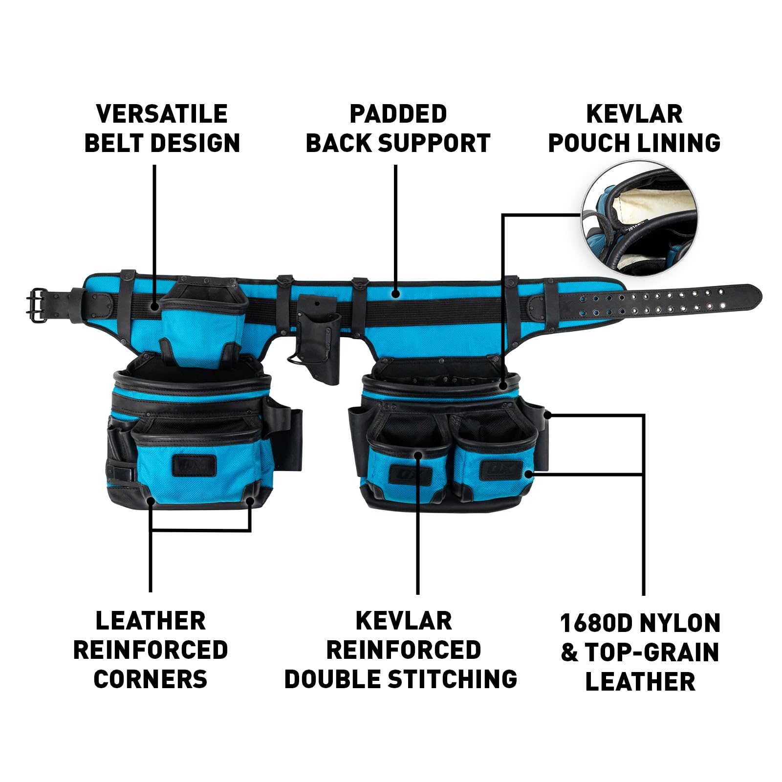 OX Tools Ceinture à outils en cuir et nylon avec sangles rembourrées en mousse à mémoire de forme pour homme, cuir pleine fleur et renforcement Kevlar®, parfait pour les charpentiers, les