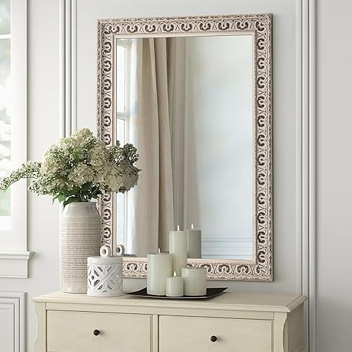 Espejo blanco antiguo, espejo de pared de baño con tallas ornamentadas, marco de madera maciza, envejecimiento hecho a mano, para sala de estar