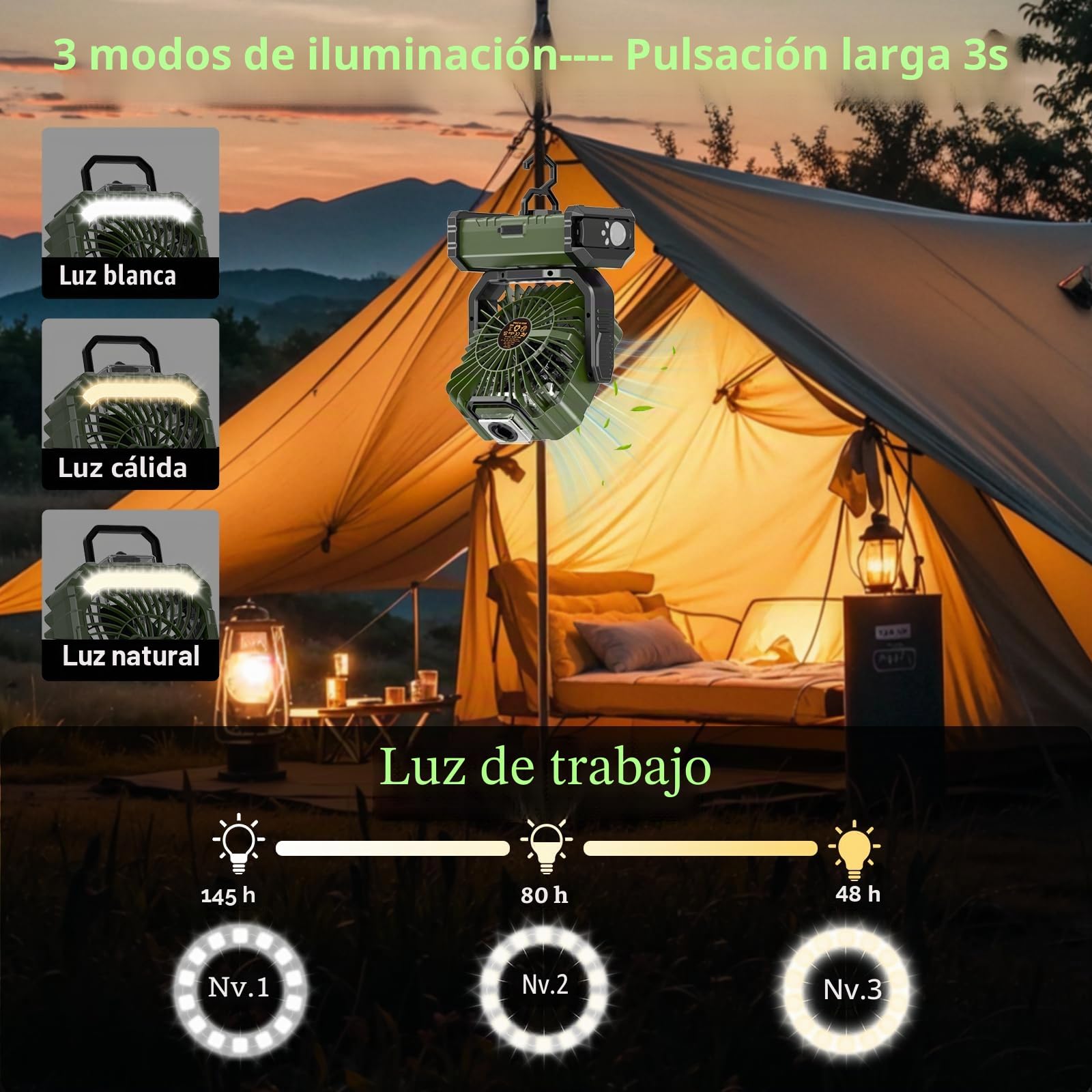 Ventilador Camping 20000mAh con Nebulizador, Ventilador Portátil Recargable Escritorio con Luz LED, Control Remoto y Gancho para Ufficio, Tienda, Exterior Viajes, Spiaggia, Pesca - Verde