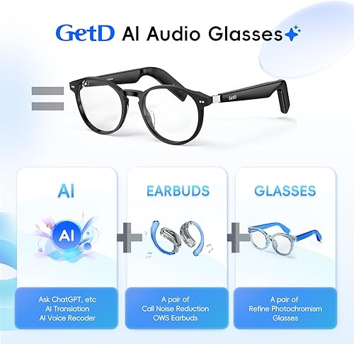 Miniatura 2 de GetD Gafas de IA para hombres y mujeres, lentes inteligentes con tecnología ChatGPT, traducción en tiempo real AI con 147 idiomas, gafas Bluetooth