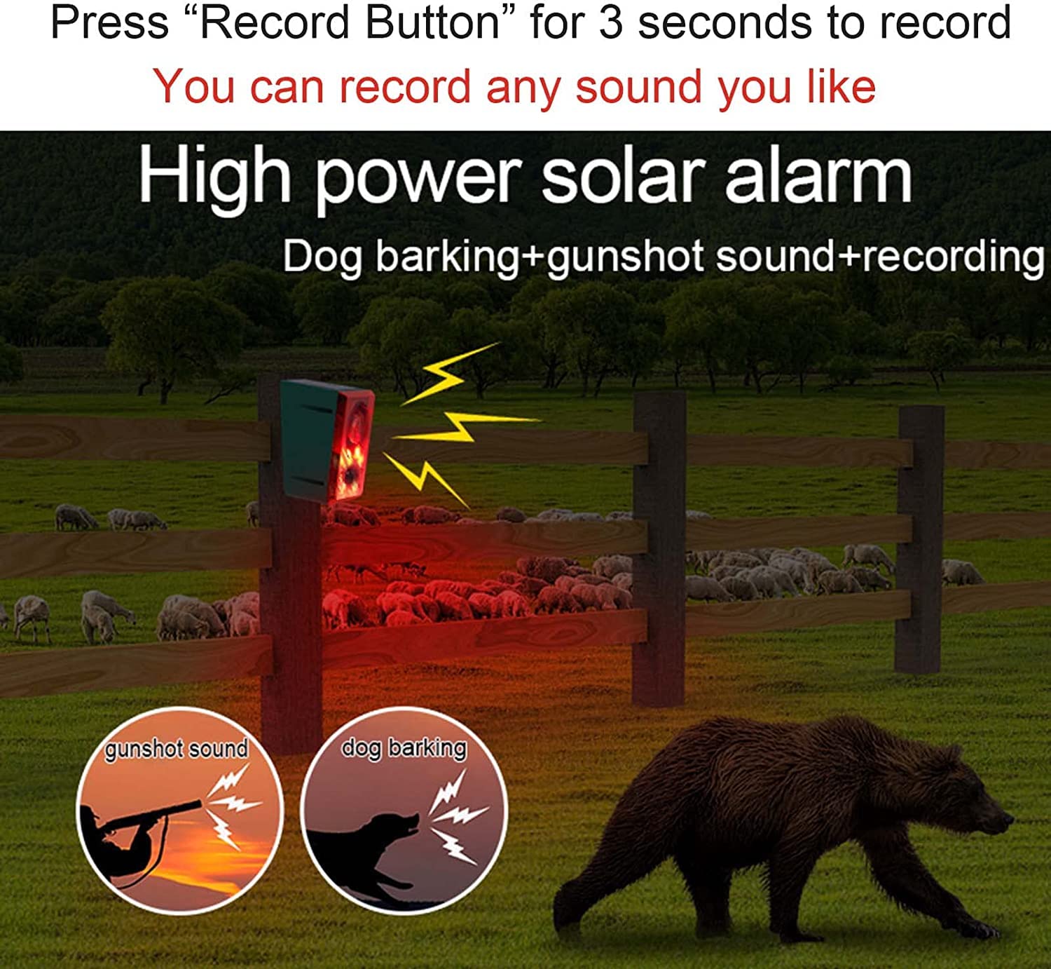 Solar-Bewegungsmelder-Alarmlicht, 130 dB, Warnung, Sicherheit, Stroboskop, Sirene, Gewehrschuss, Hund, Bellgeräusch und Aufzeichnung von 20 Sekunden, individuelle Nachricht für Bauernhof