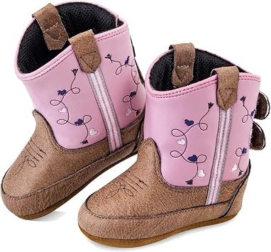 OLD WEST Kids Unisex Poppets Infant/Toddler Leather Boots with Velcro Closure, Tan Vintage Foot/Pink Shaft, 4 D