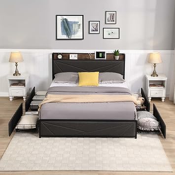 Full Size Platform Bed Frame with 4 Storage Drawers, Upholstered Bed Frame with Storage Charging Stations Headboard and Strong Metal Slats Support, No Box Spring Needed, Noise Free Full-1