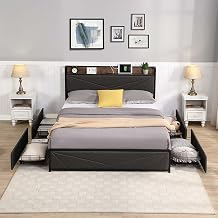 Queen Size Platform Bed Frame with 4 Storage Drawers, Upholstered Bed Frame with Storage Charging Stations Headboard and Strong Metal Slats Support, No Box Spring Needed, Noise Free Queen-1