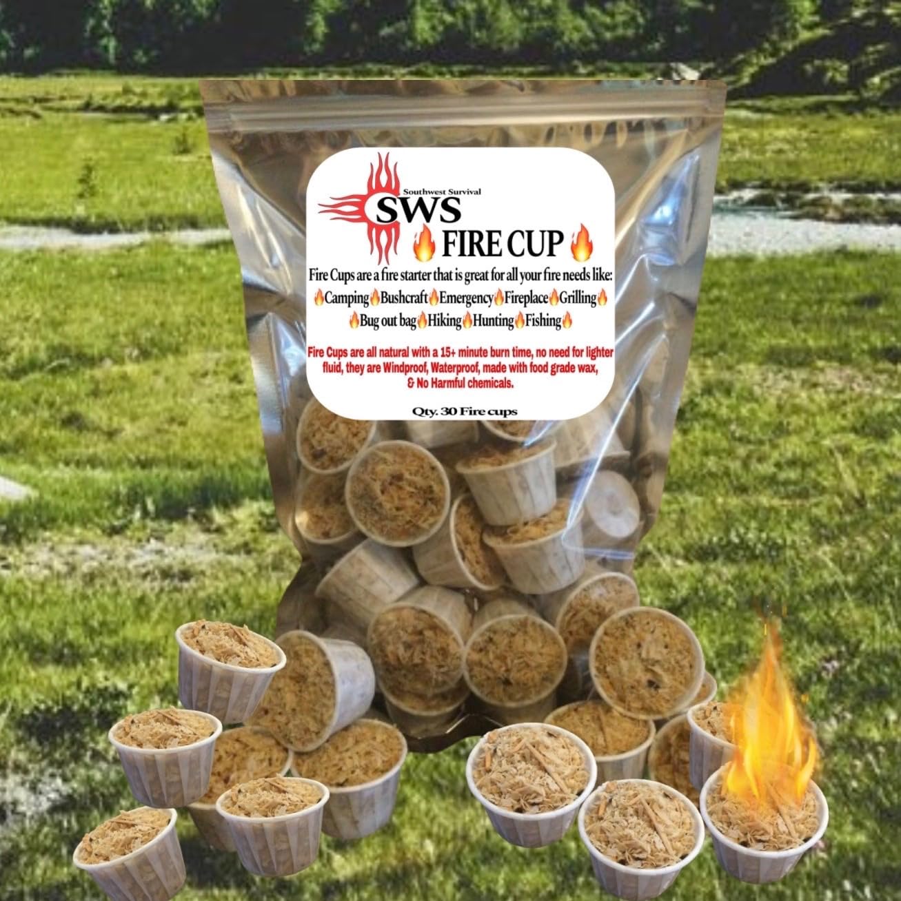 Southwest Survival Fire Starter Cups- 30 Large Starters, 20+ Minute Burn time for Fire Places, BBQ, Pits, Camping, Charcoal, Wind/Waterproof, Veteran Made in The USA, White,brown