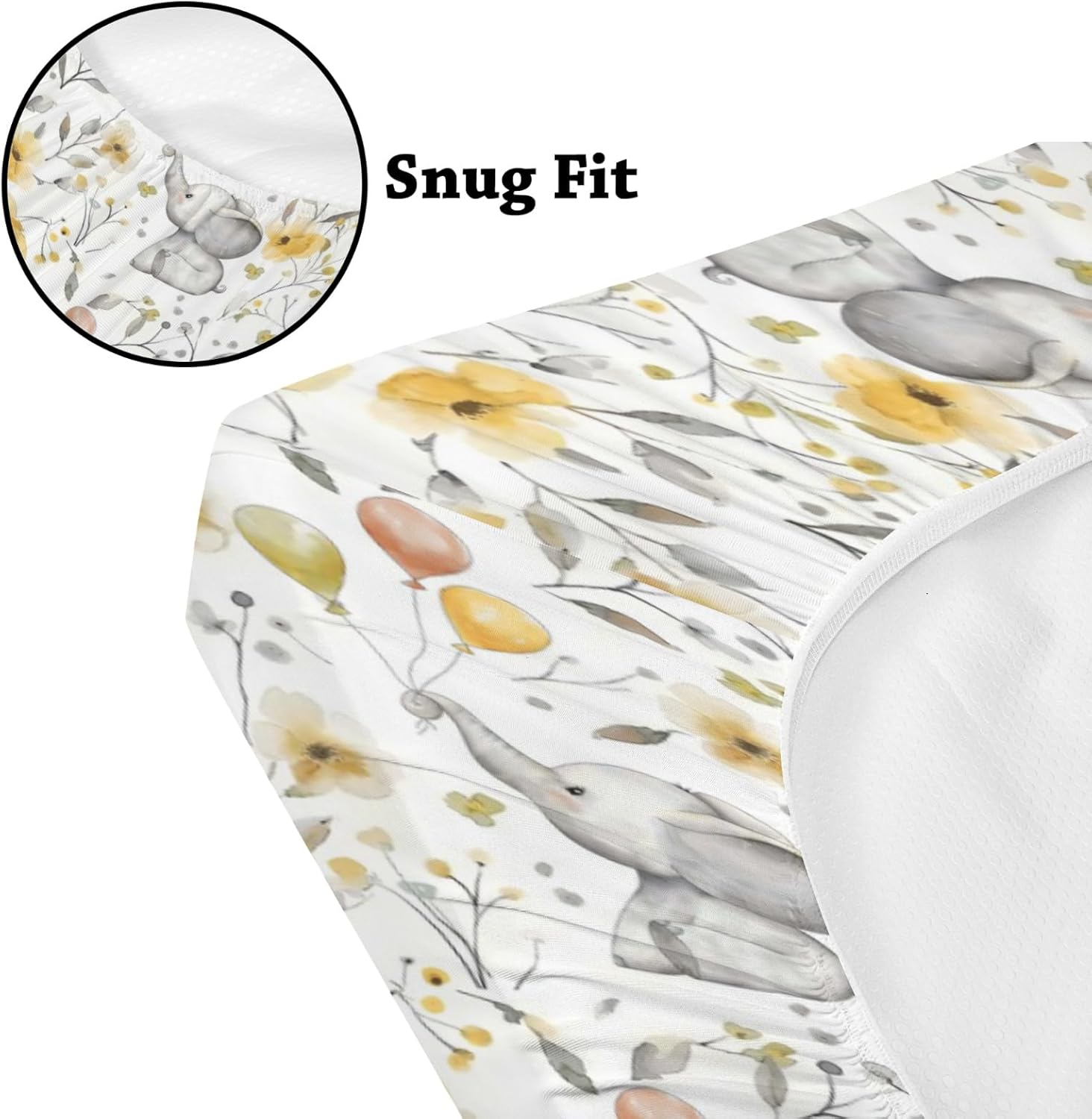 African Safari Elephant Animals Pattern Baby Sheets for Crib, Unisex Cute Elephant Flowers Leaves Balloons Nursery Fitted Bed Sheet for Boys Girls Standard Crib and Toddler Mattress-28x52