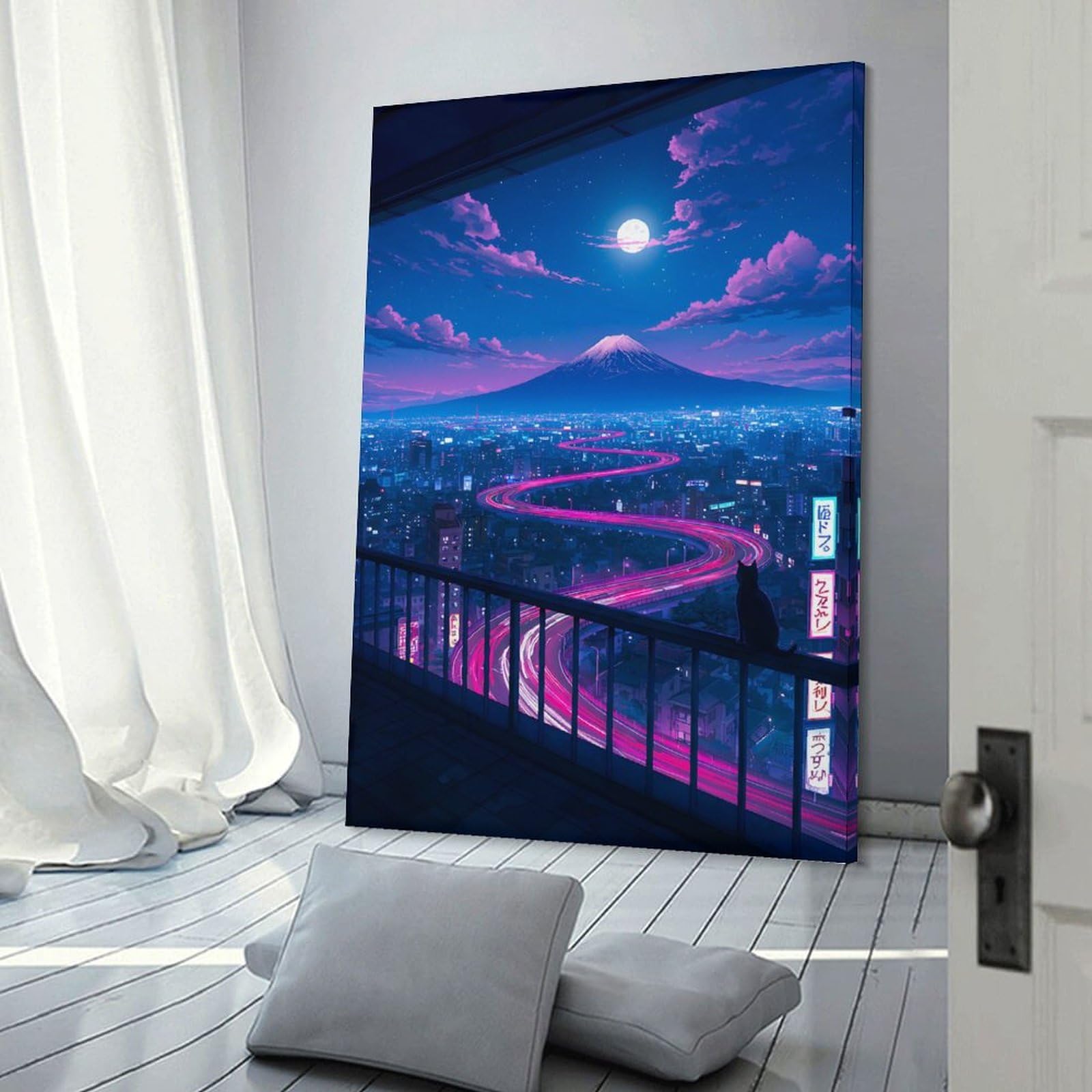 Junmoney Night Cityscape with Mount Fuji Canvas Wall Decor, 24x36inch(60x90cm), for Gallery Wall Decor And Room Displays, Wall Decor Suited to Curated Displays