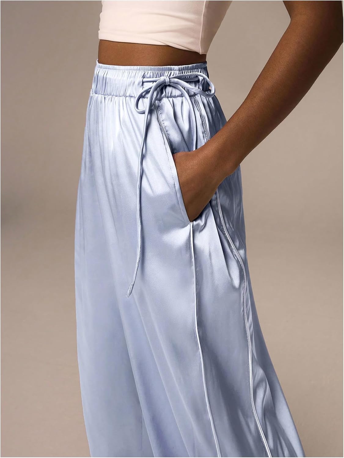SHENHE Women's Satin Wide Leg Pants Dressy Flowy Drawstring Silky Going Out Palazzo Pants - Image 5
