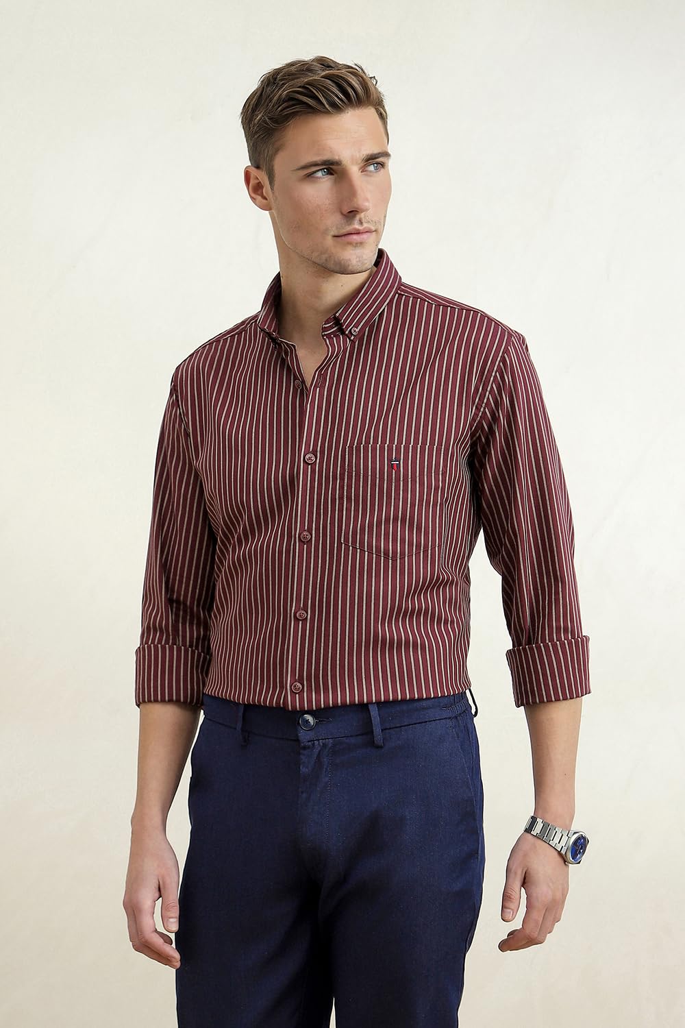 71eW5Vi6ICL._SL1500_ Louis Philippe Men's Slim Fit Signature Oxford Easy Care, Natural Stretch Full Sleeve Stripe Cotton Casual Shirt