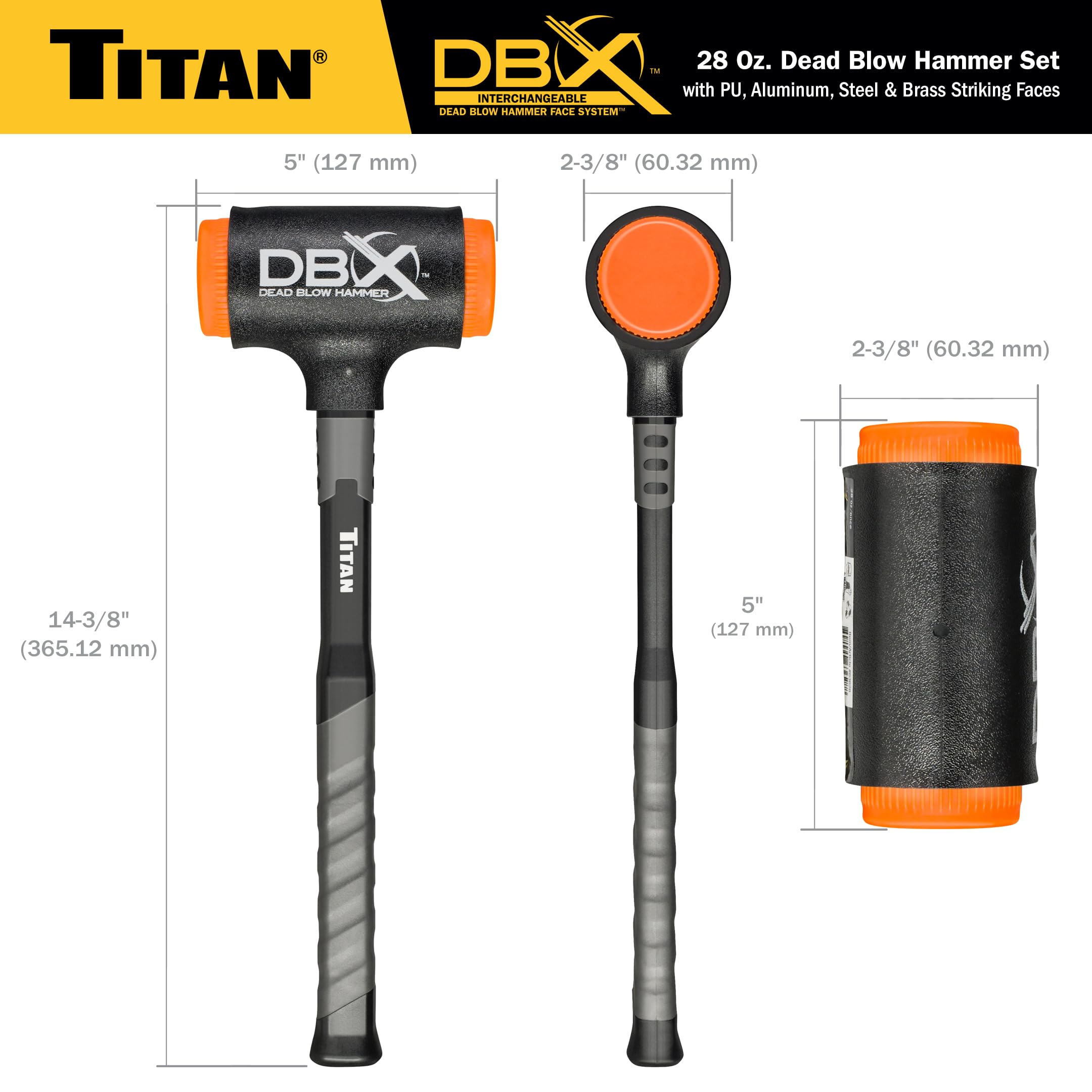 Titan DBX 63634 - Juego de martillo de soplado muerto de 28 onzas con caras intercambiables de poliuretano, acero, aluminio y latón