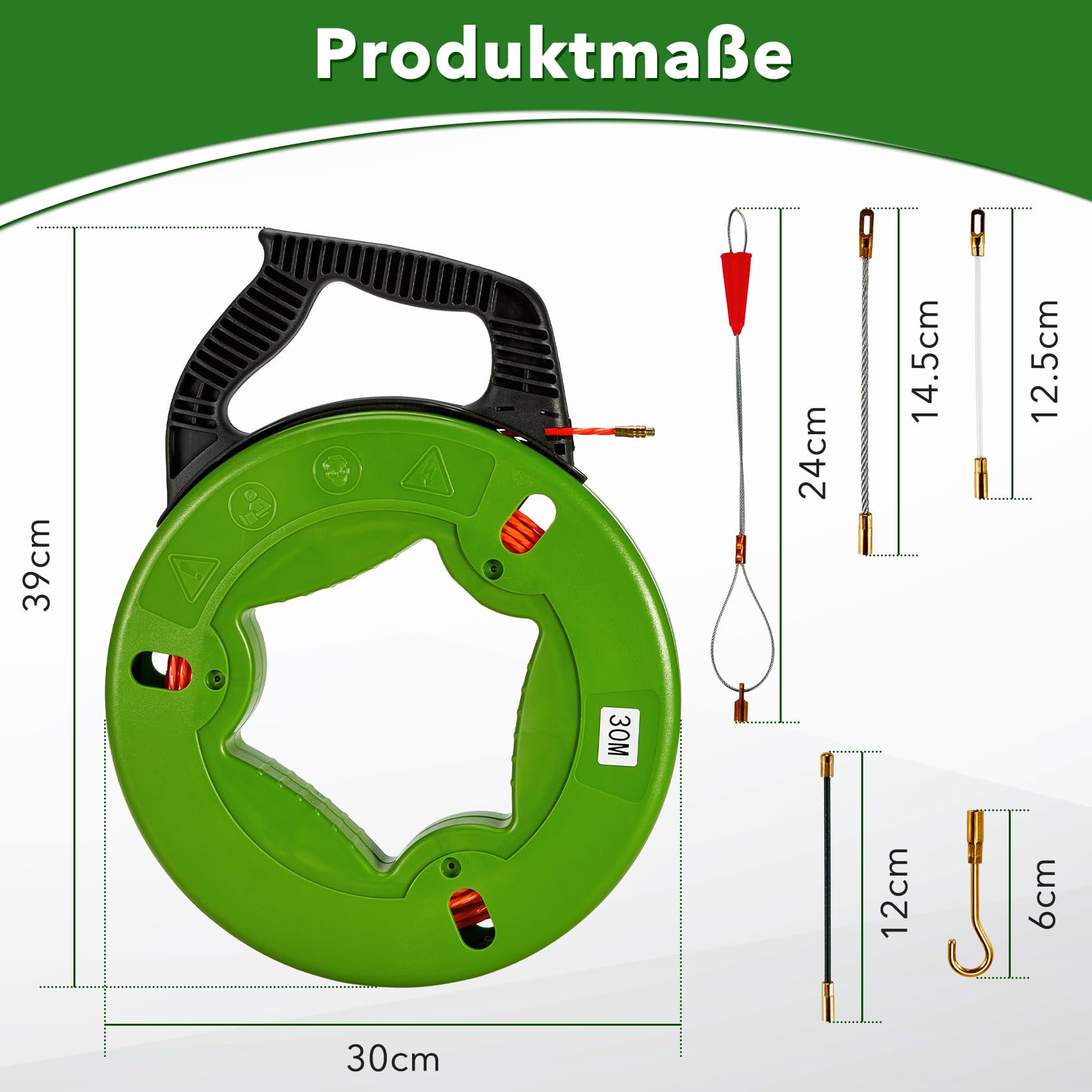 Pindex 30 m Kabel Einzugshilfe Einziehspirale, Kabeleinziehhilfe mit 5 Adapters für Leerrohre, Stromkabel, Netzwerkkabel, Glasfaser