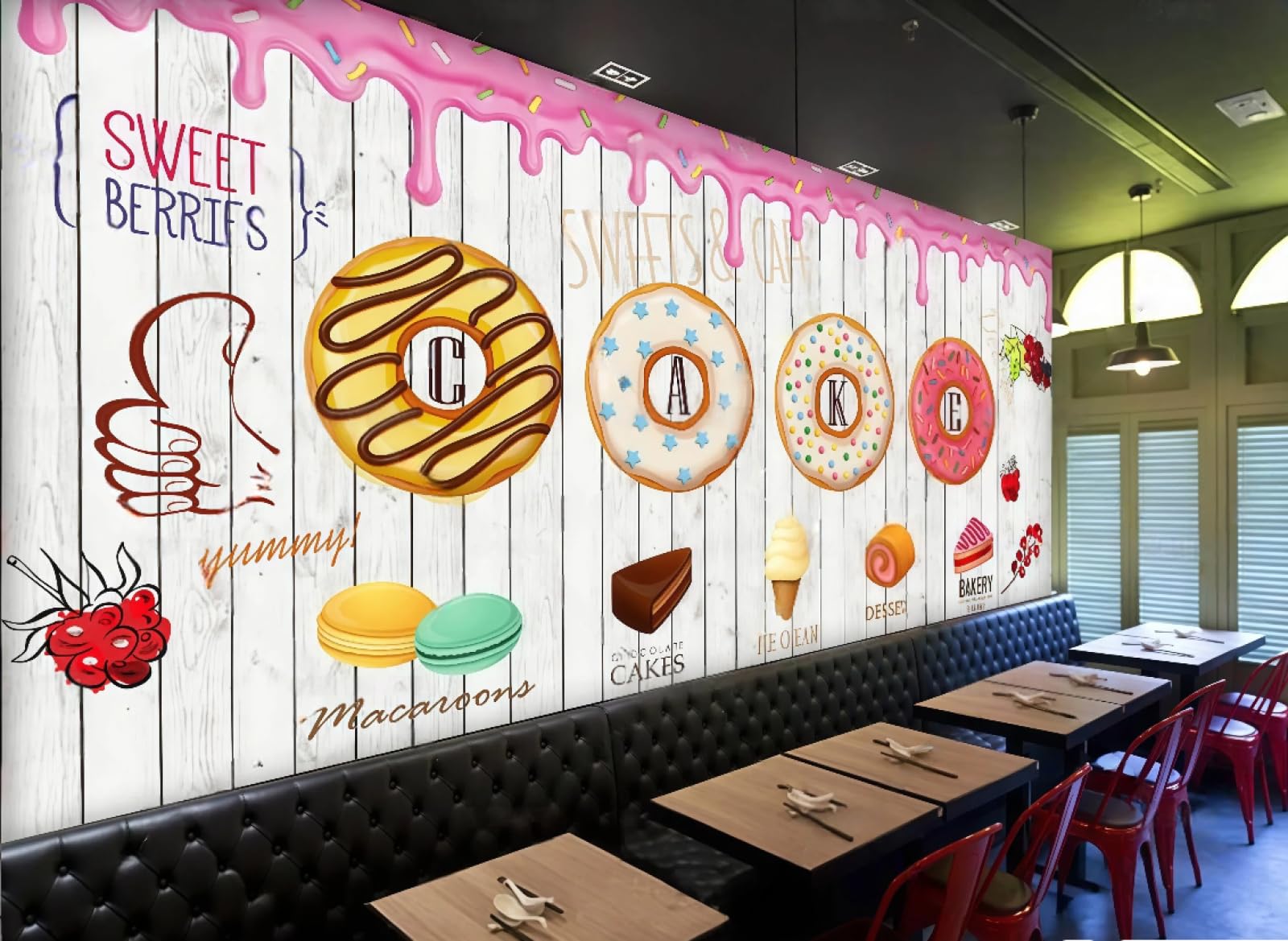 XDOUBAO Wallpaper Hand-Painted Wooden Board Dessert Bakery Cake Shop Theme Afternoon Tea Western Restaurant Background Wall Wallpaper Coffee Shop Mural,3D,300x210cm