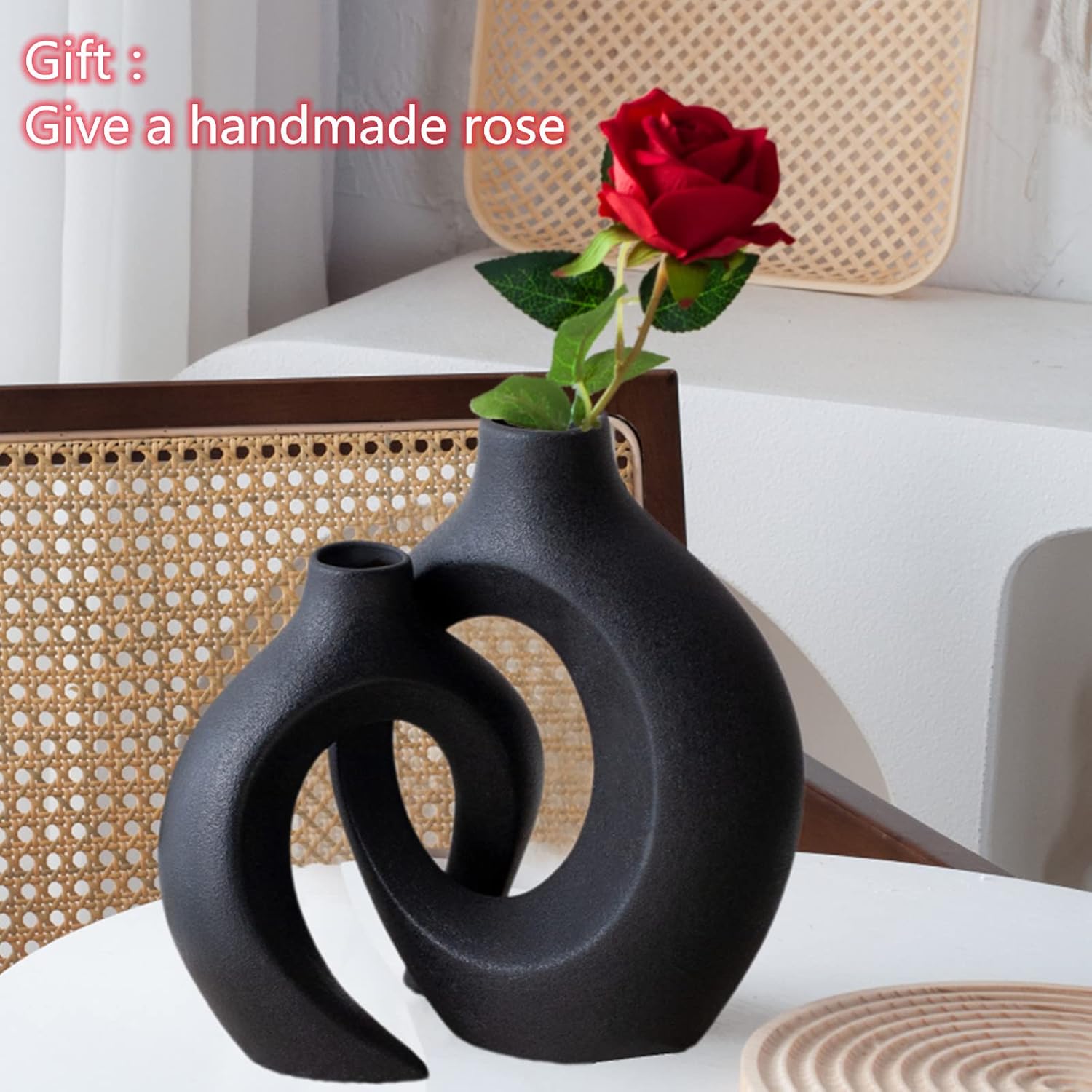 Black Ceramic Donut Shaped Decorative Vase Set of 2