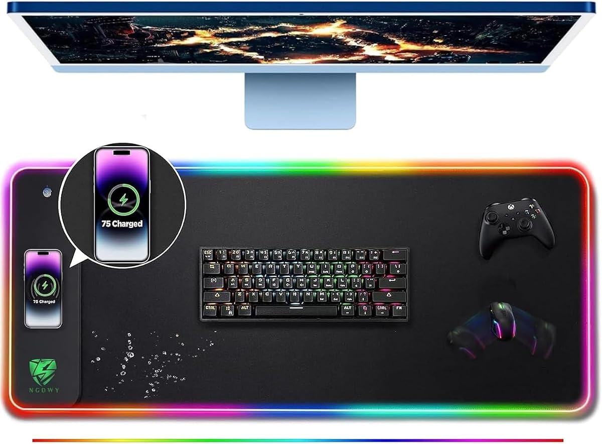 Carga inalámbrica RGB Gaming Mouse Pad 15W -800x300x4MM - Carga rápida, superficie ultra suave, base antideslizante, 13 modos de luz - Ultimate RGB Mouse Pad for Gamers - Large Mouse Pad Gaming Mat