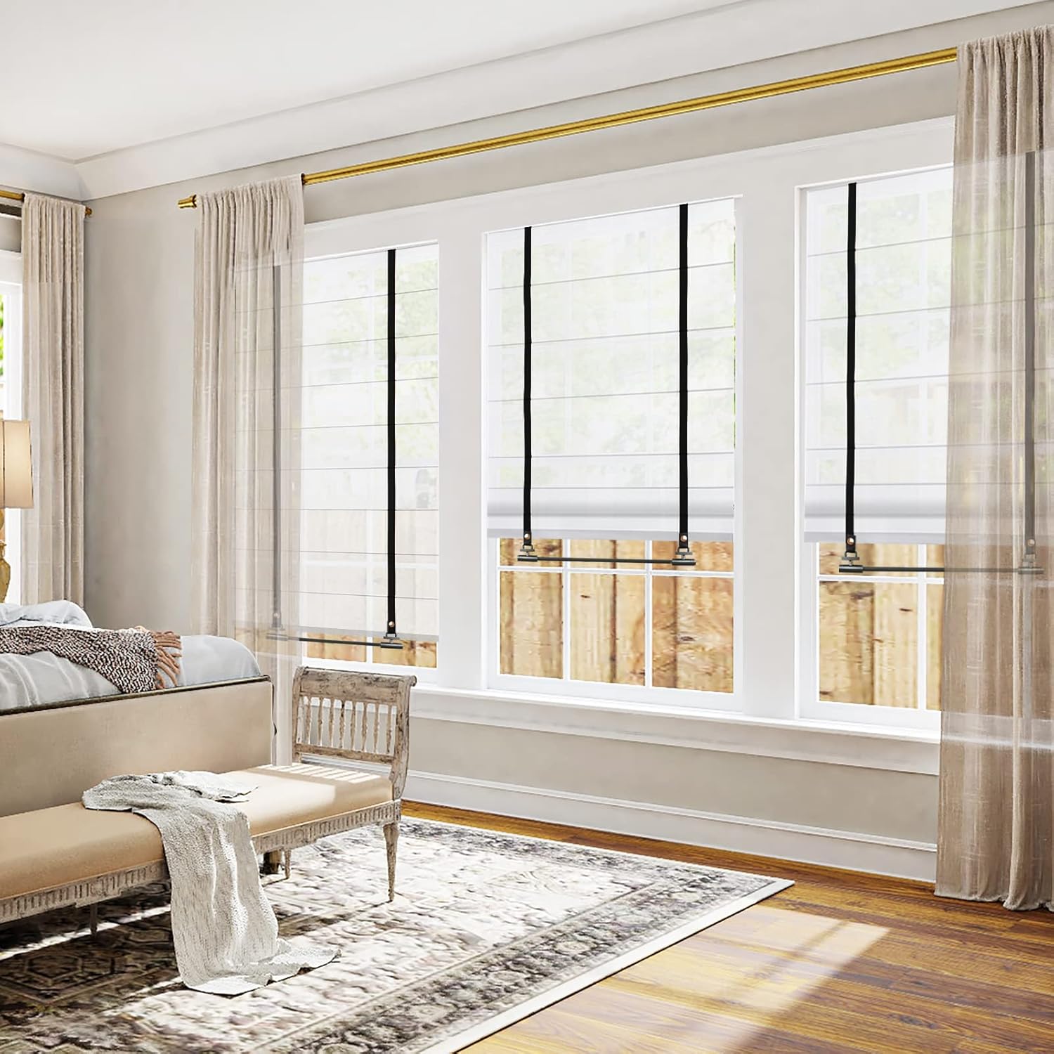 Sunbox Sheer Roman Shades Light Filtering Window Blinds, White-Black Leather Ribbon Border Custom Window Shades Black Metal Drop Rod Roman Blinds for Home Windows, French Doors, Kitchen