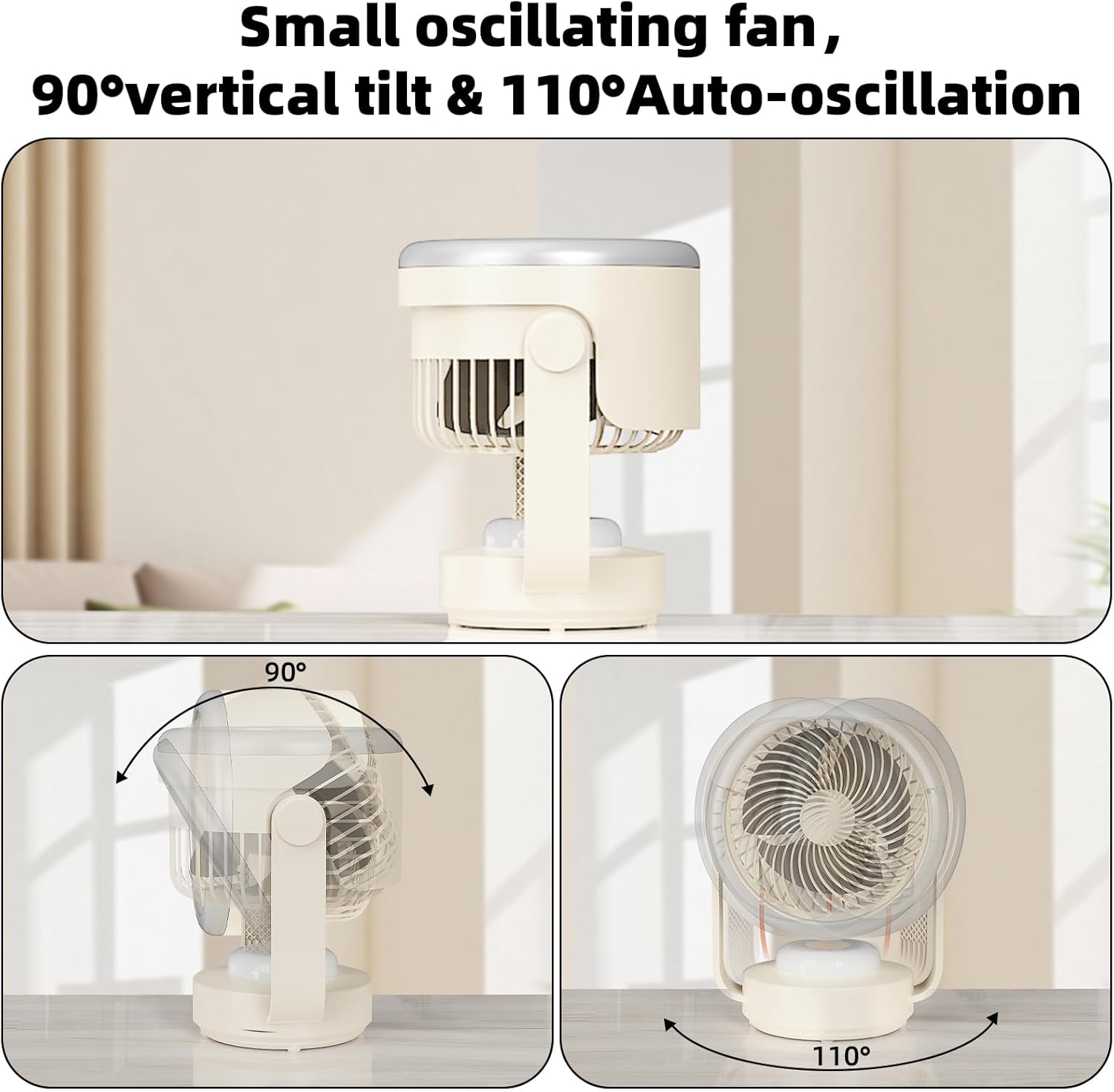 Desk Fan,Table Fans,7 inch Fan for Bedroom,Super Silent,Portable Rechargeable Desk Fans,Fan for Office,With LED light,4 Speeds,Oscillating Desk Fan,Suitable for Dormitory, Bedroom Bedside, kitchen - Image 4