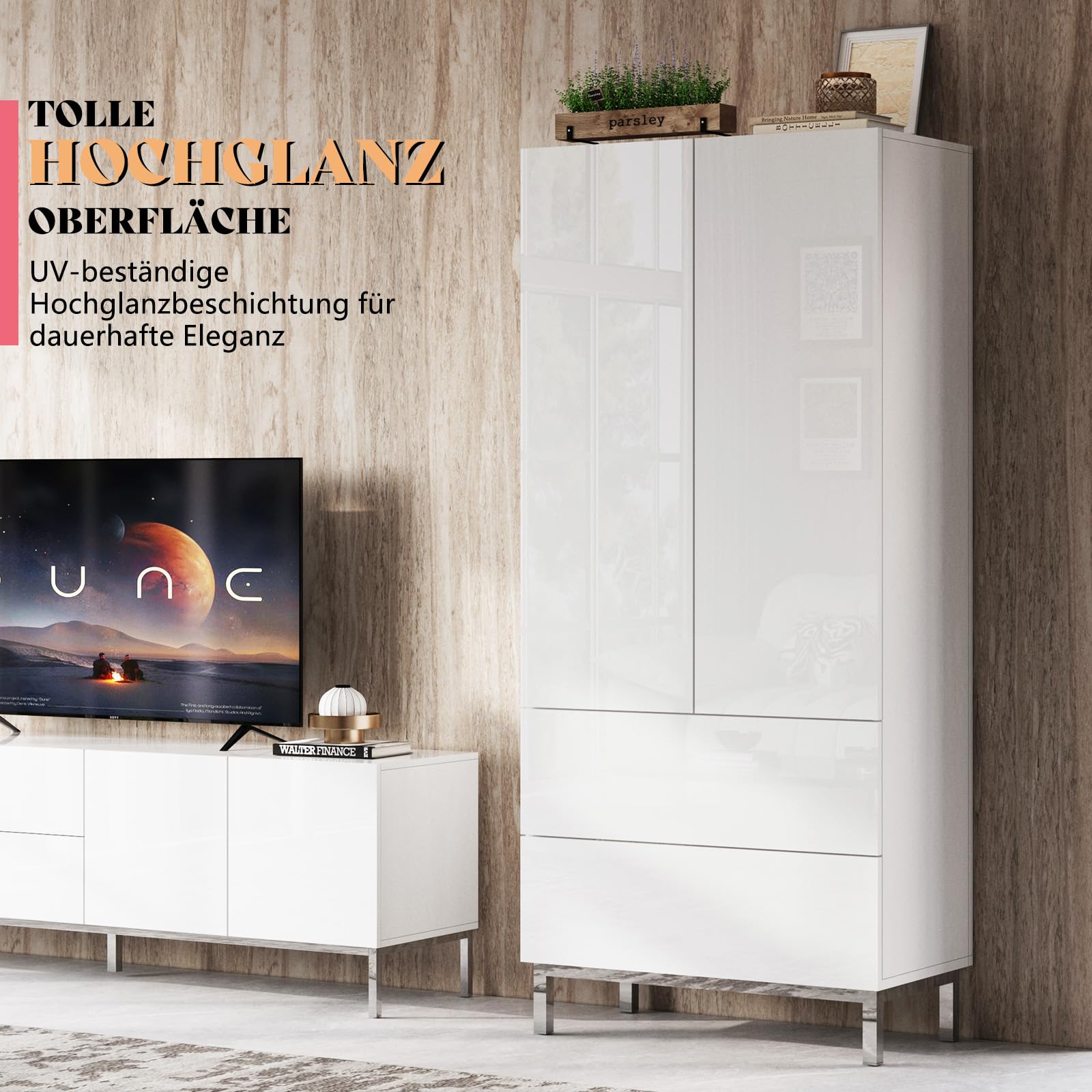 LUXOAK Moderner Hochglanz Schrank Weiß mit 2 Türen & 2 Schubladen – 86×40×178 cm Mehrzweckschrank mit Metallfüßen, Push-to-Open, Verstellbare Einlegeböden Für Wohnzimmer, Küche, Flur