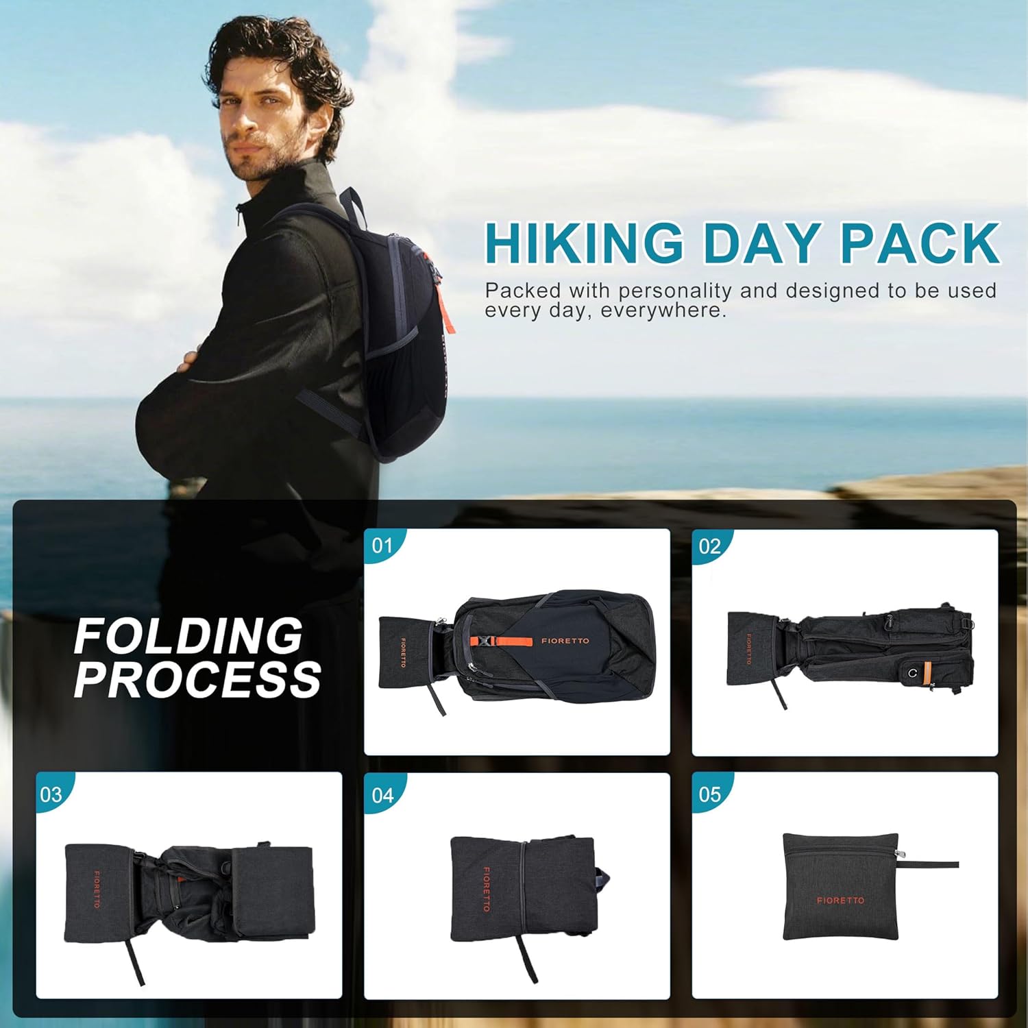 FIORETTO 10L Hiking Backpack for Women Men Mini Packable Backpack Lightweight Small Daypack for Camping Travel Outdoor, Black - Image 9