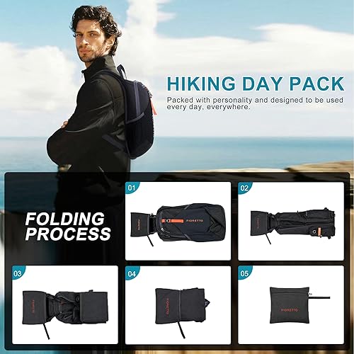 Miniatura 9 de FIORETTO Mochila de senderismo de 10L para mujeres y hombres, mini mochila plegable ligera para acampar viajes al aire libre, color negro