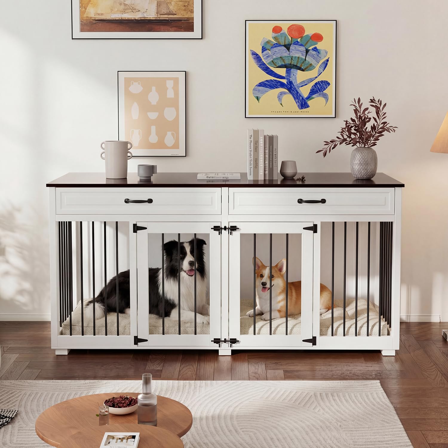 Jaula para Perro XXL 164cm Blanca para 2 Perros – Mueble Jaula 4 Puertas & 2 Cajones, 80cm de Alto – Jaula Estilo Rústico para Salón, 164×80×60cm