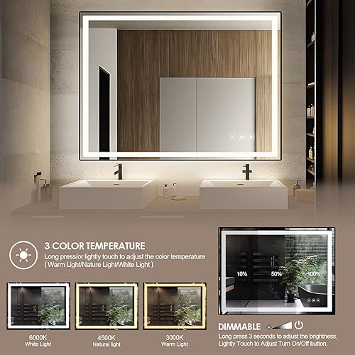 Miniatura 3 de Espejo de baño LED con marco de metal, 36 x 36 pulgadas, espejo de tocador con luces delanteras regulables, espejo iluminado para pared, antiniebla,