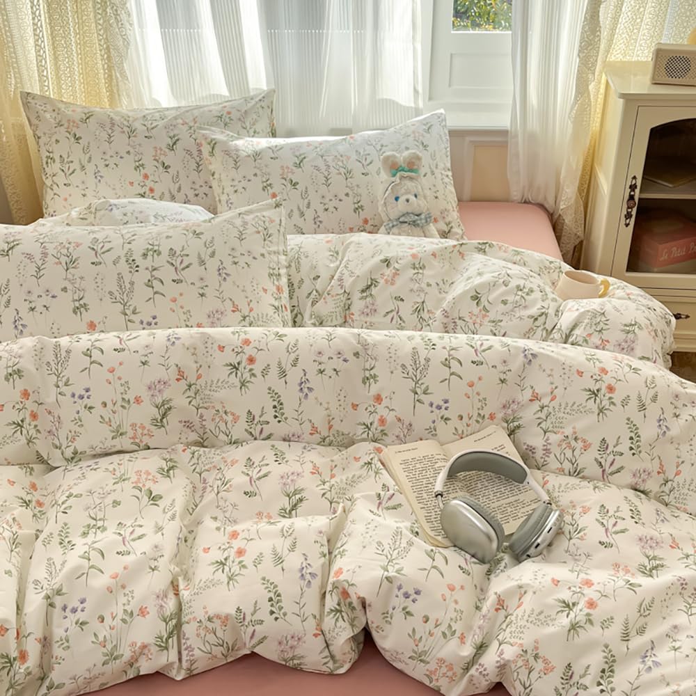 Covebett Floral Duvet Cover 100% Cotton King White Green Leaves Flowers Meadow Breathable Cotton Bedding Set Aesthetic Comforter Cover 220x230 cm with Zipper Closure and 2 Pillowcases 50x75 cm — image 1