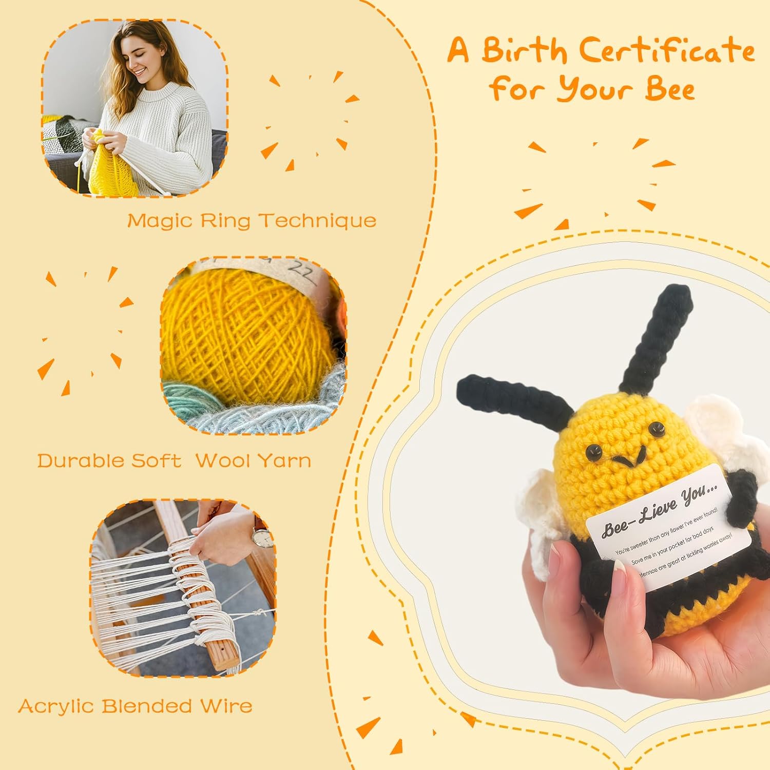 Positive Bee Crochet Animals - Valentines Day Gifts for Her Him, Girlfriend, Boyfriend - Cute Emotional Support Bee, Anniversary, Birthday, Thinking of You Gift - Small Encouragement Gift - Image 6