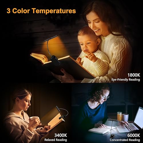 Miniatura 3 de Gritin Luz de libro recargable para leer en la cama con 19 LED y función de memoria, cuidado de los ojos, 3 temperaturas de color, 5 niveles de