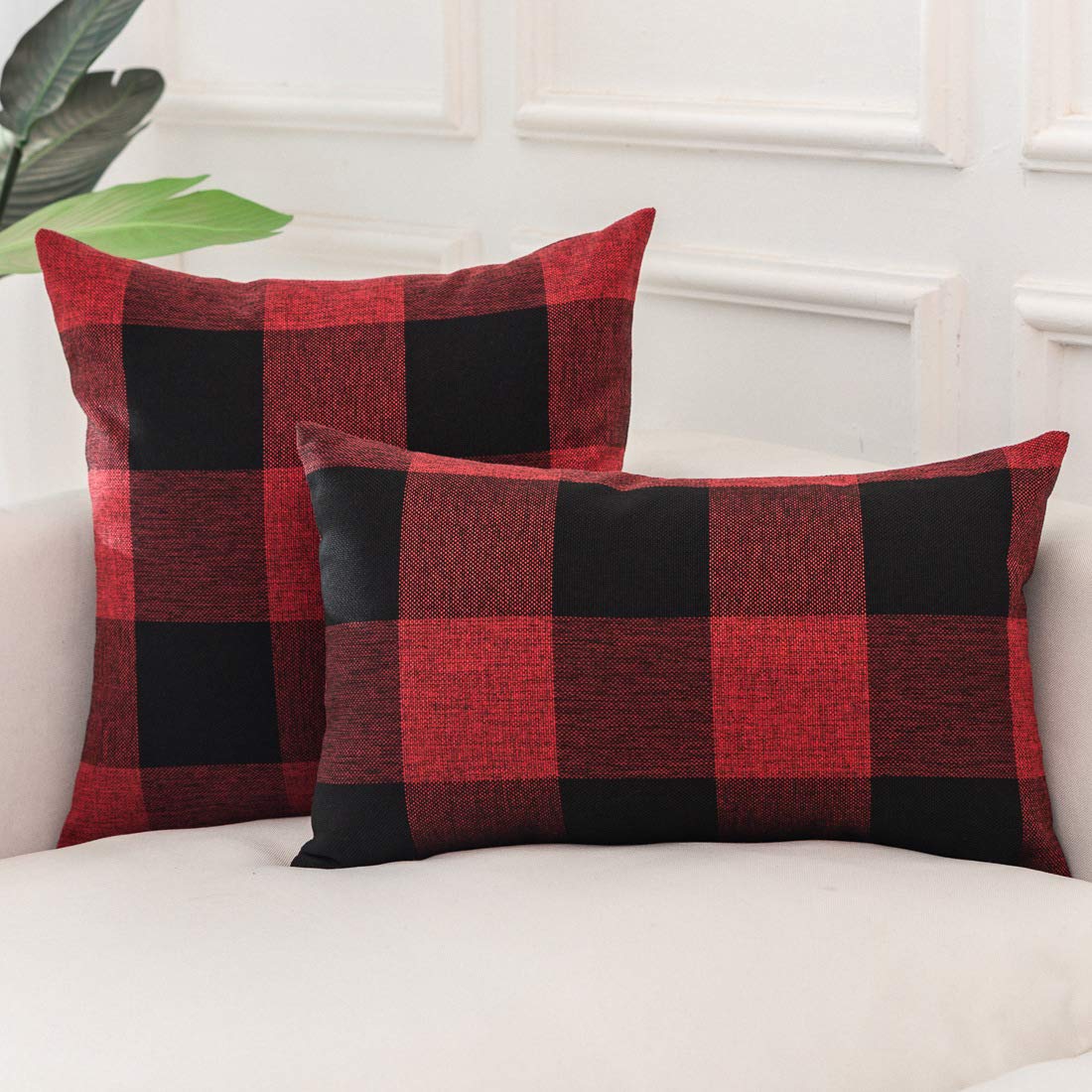 ORANIFUL Fodere Cuscini Set da 2 Copricuscini Divano Tartan Quadrati Decorativi in Lino per Letto Décor Casa Auto 30x50 cm (Bordeaux&Nero, 2 Pezzi)