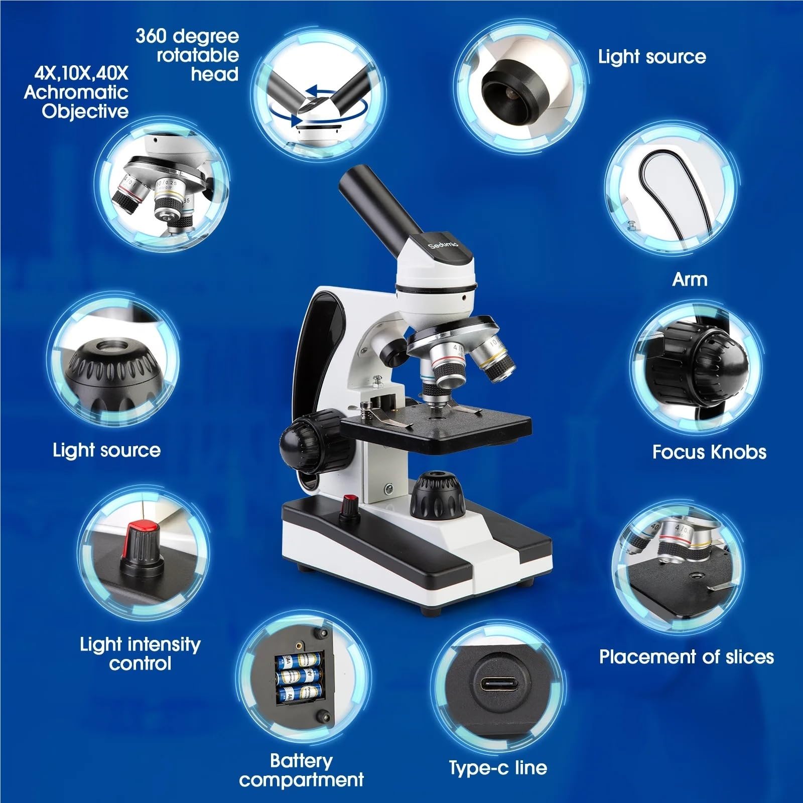 Mikroskop cyfrowy, Mikroskop dla dorosłych dzieci 40X-2000X Monokularowy mikroskop złożony do szkolnego laboratorium domowego nauczania z mikroskopowymi szkiełkami