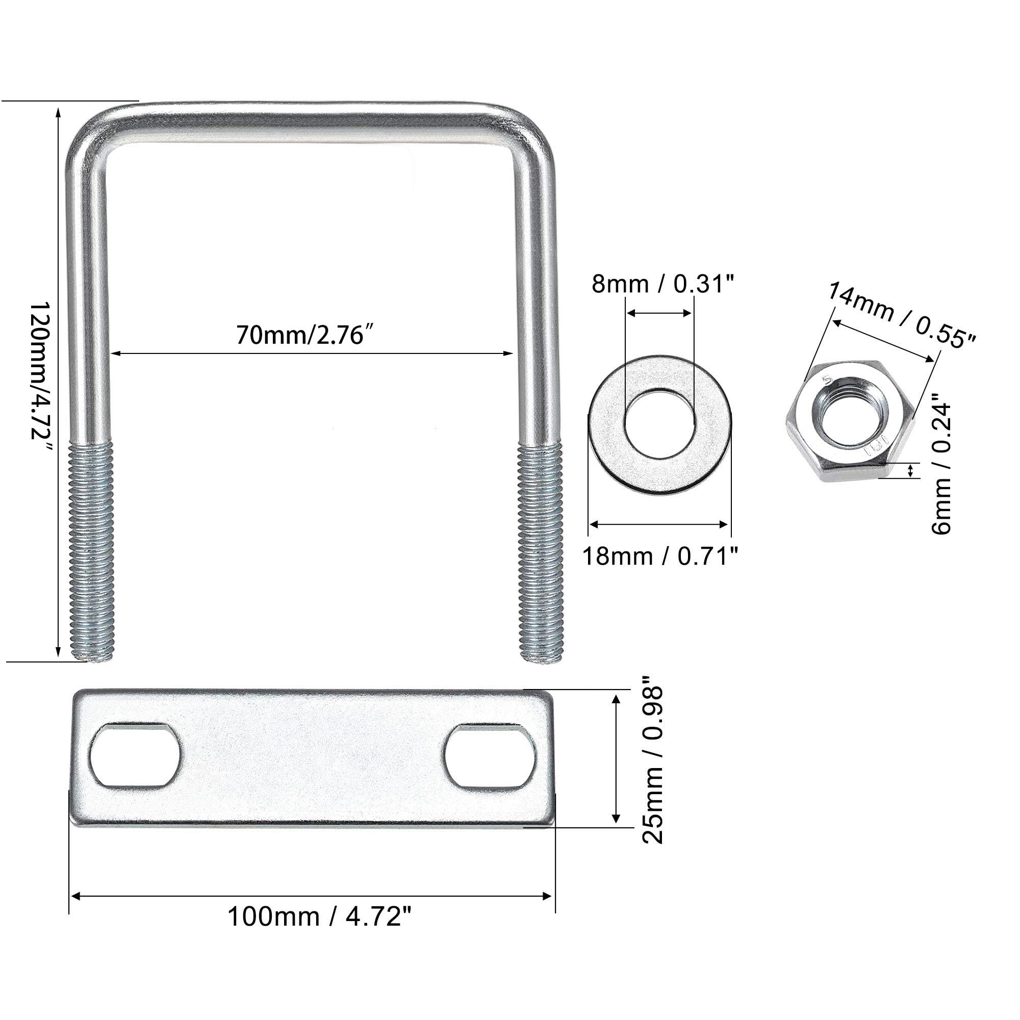 TA-VIGOR 4 sets M8 Square U-Bolts, 70mm Inner Width 120mm Length Steel U-Bolts with Nut, Plate - Image 2