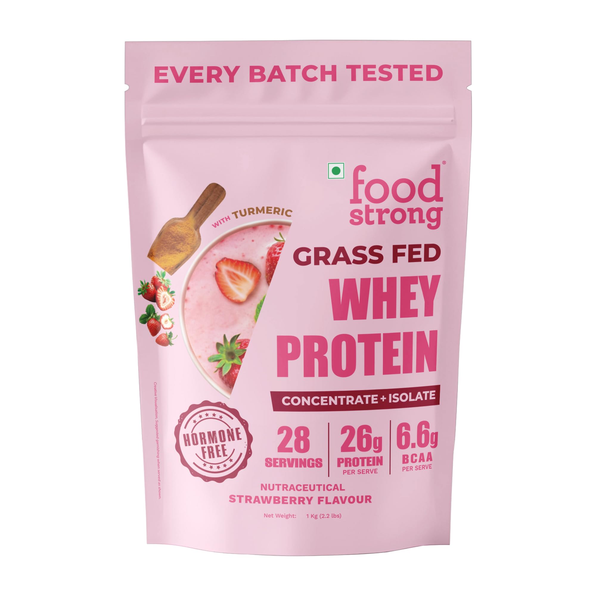 Foodstrong Whey Protein Powder (Concentrate + Isolate), 100% Hormone Free Grass-Fed Whey, 26G Protein & 6.6G BCAA, Strawberry, With Turmeric & Digestive Enzymes, 1KG-image-32